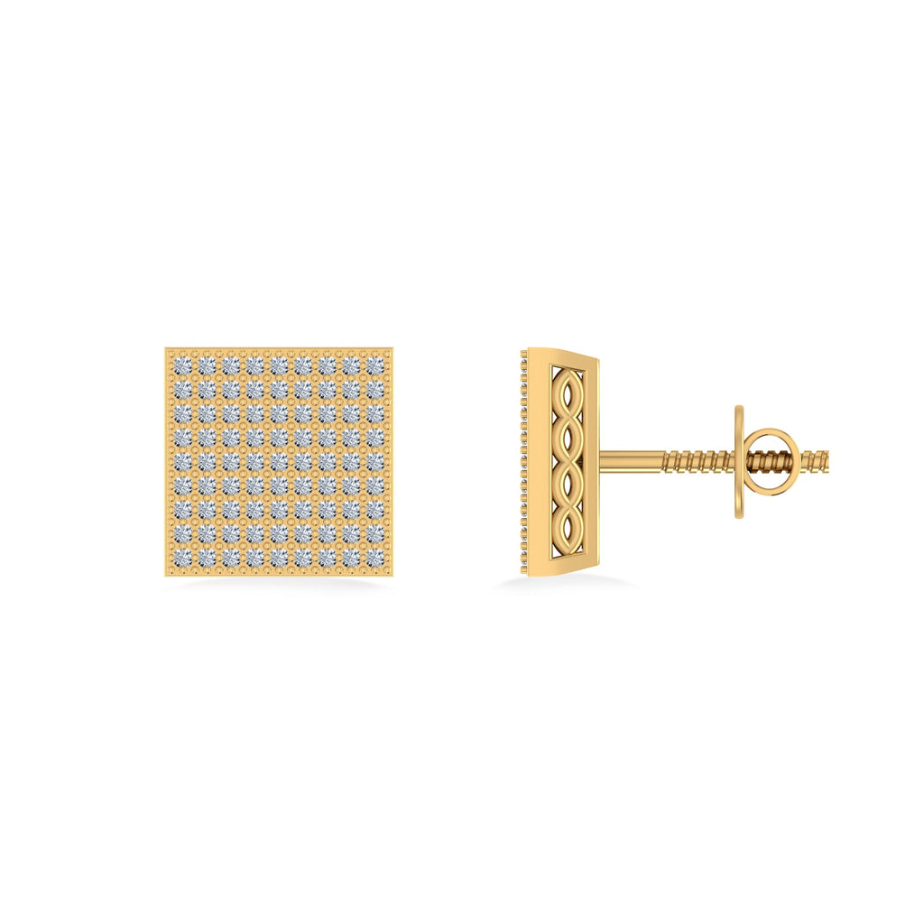 10K Yellow Gold Round Diamond Square Shape Designer Mens Stud Earring 3/8 Cttw