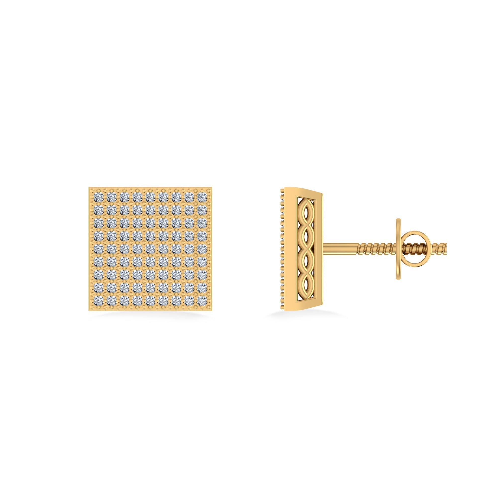 10K Yellow Gold Round Diamond Square Shape Designer Mens Stud Earring 3/8 Cttw