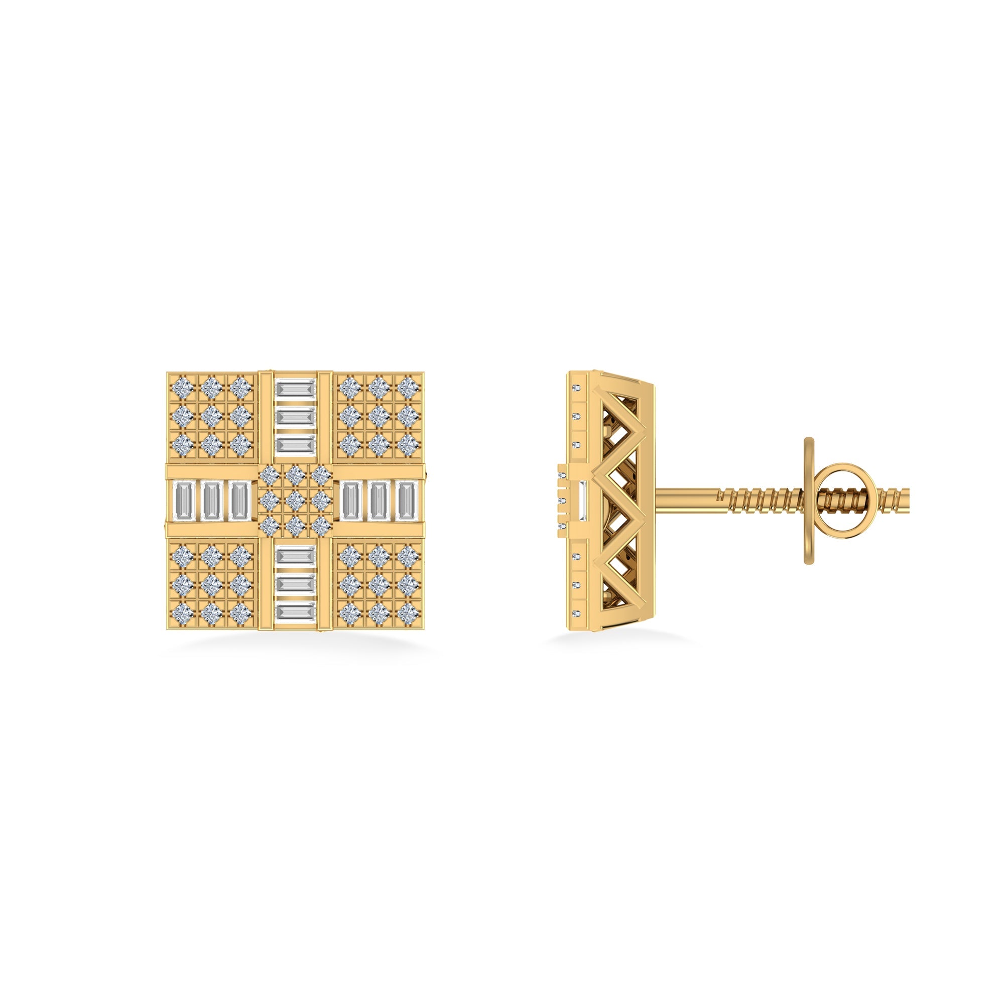 10K Yellow Gold Round Baguette Diamond Square Shape Designer Mens Stud Earring 1/3 Cttw