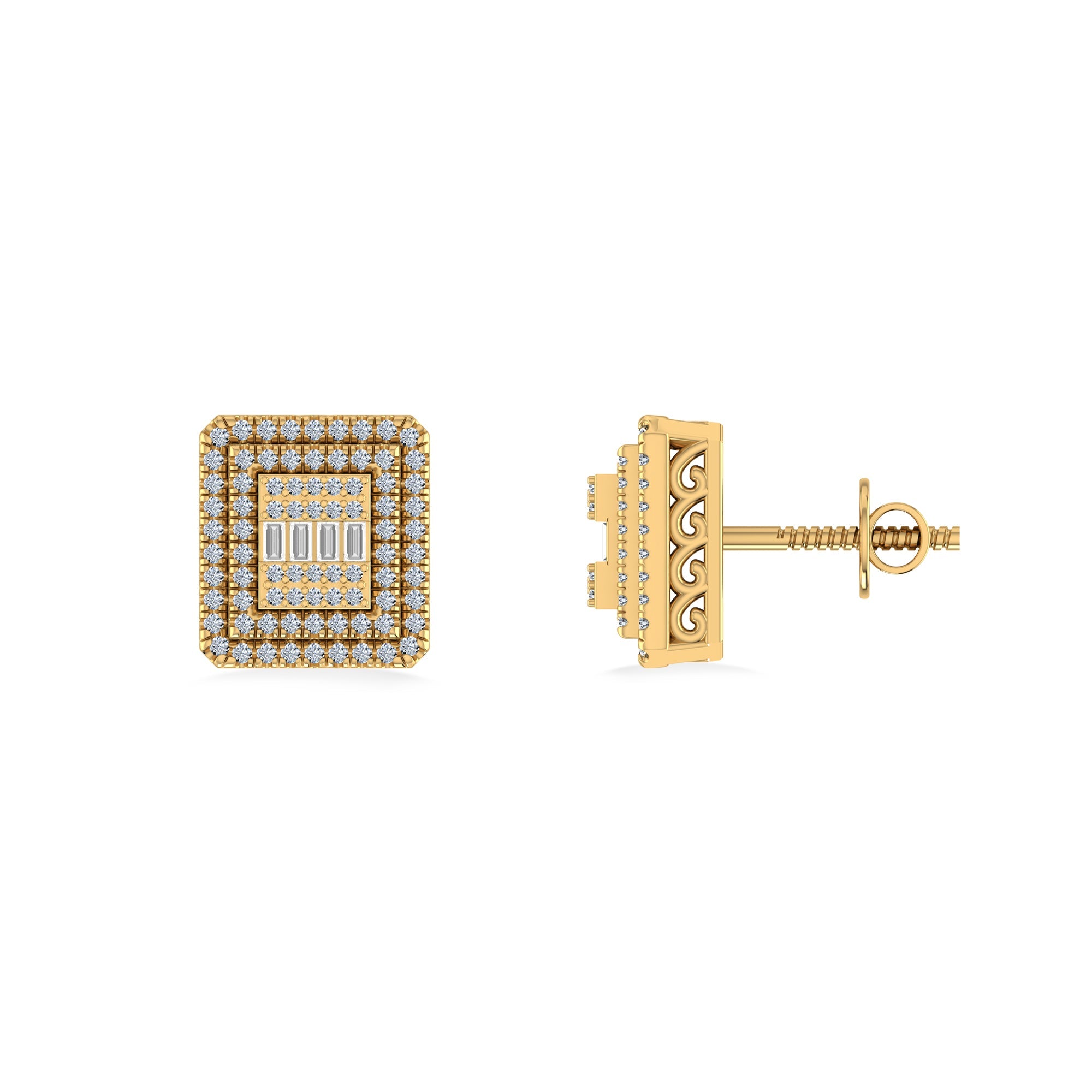 10K Yellow Gold Round Baguette Diamond Square Shape Designer Mens Stud Earring 3/8 Cttw