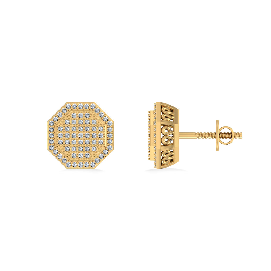10K Yellow Gold Round Diamond Octagon Shape Designer Mens Stud Earring 1/4 Cttw