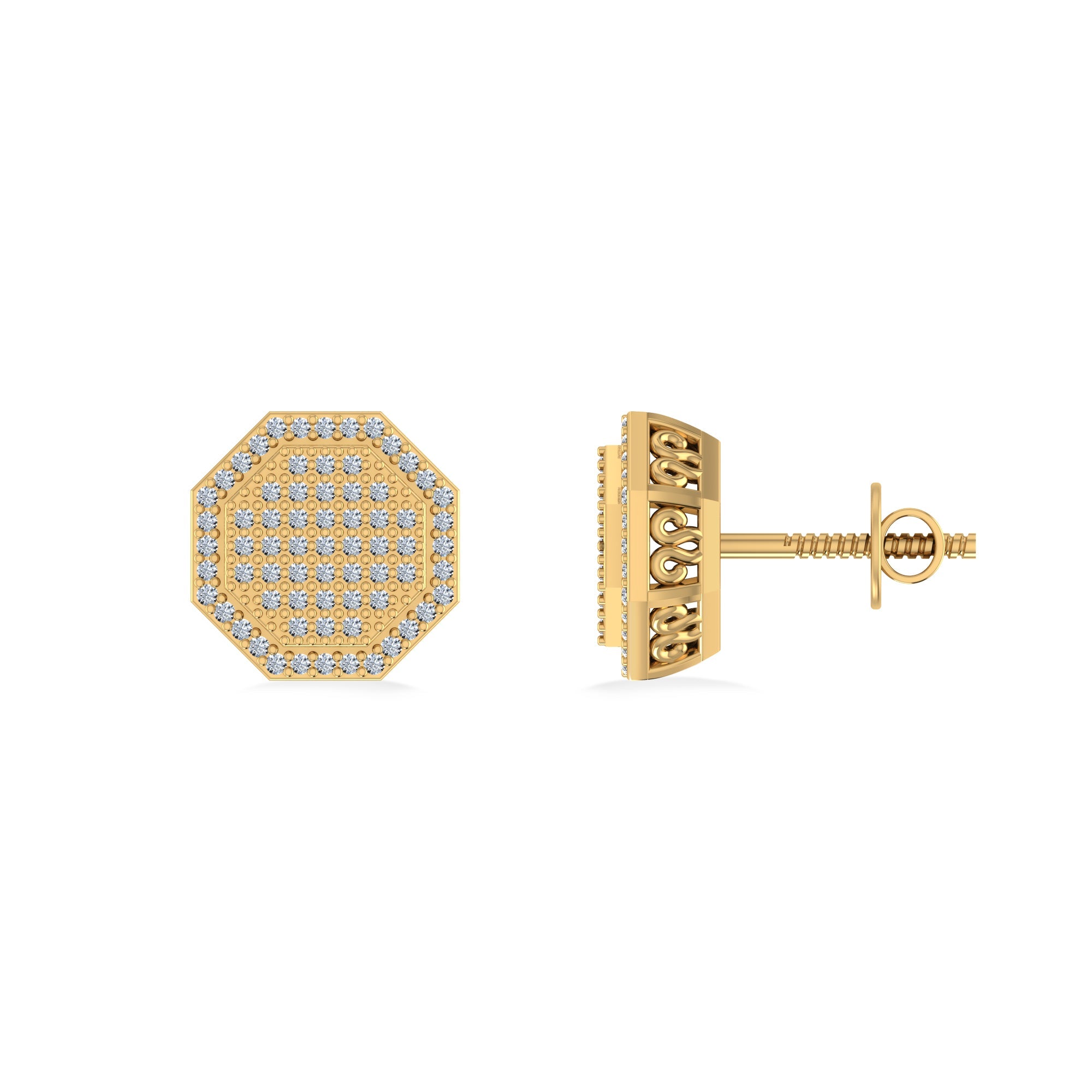 10K Yellow Gold Round Diamond Octagon Shape Designer Mens Stud Earring 1/4 Cttw