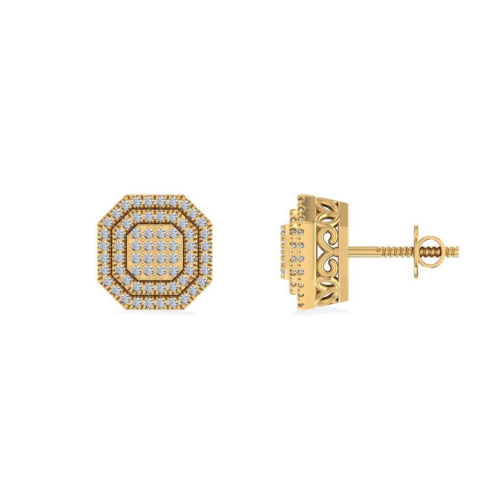 10K Yellow Gold Round Diamond Designer Halo Mens Stud Earring 1/5 Cttw