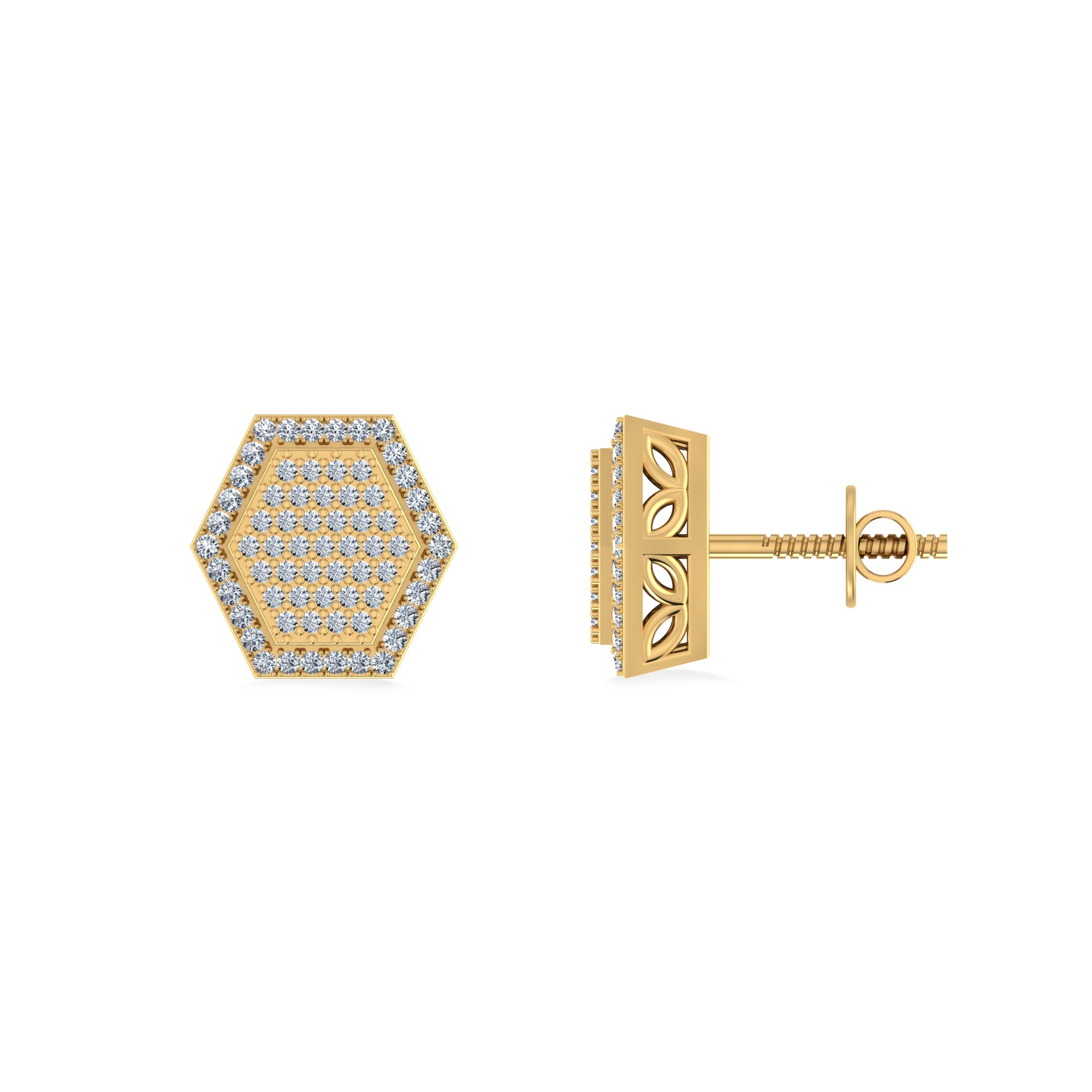 10K Yellow Gold Round Diamond Octagon Shape Designer Mens Stud Earring 1/5 Cttw
