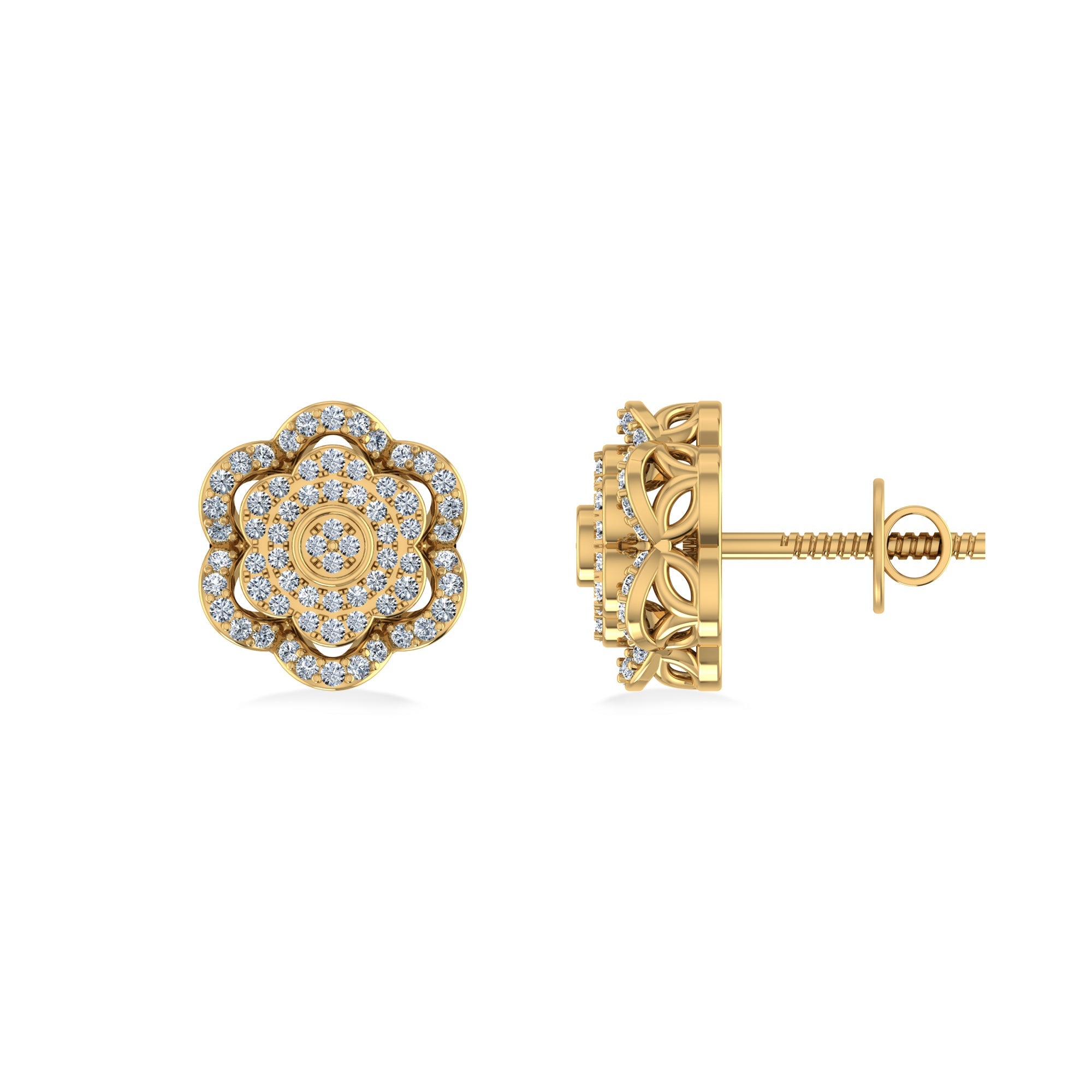 10K Yellow Gold Round Diamond Floral Designer Mens Stud Earring 1/5 Cttw