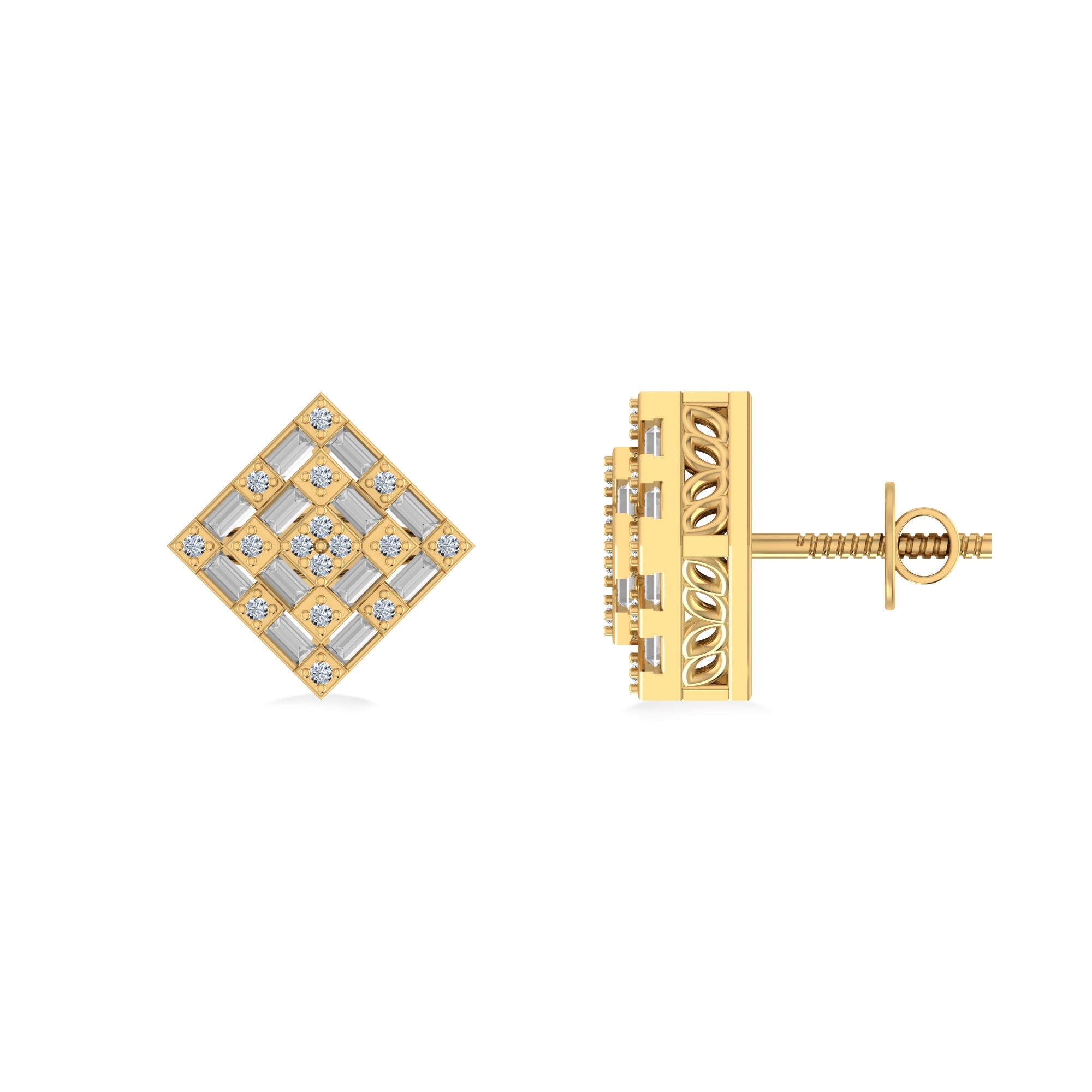 10K Yellow Gold Round Baguette Diamond Square Shape Designer Mens Stud Earring 1/3 Cttw