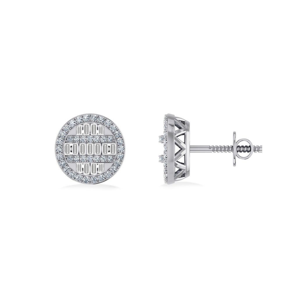10K White Gold Round Baguette Diamond Designer Mens Stud Earring 3/8 Cttw