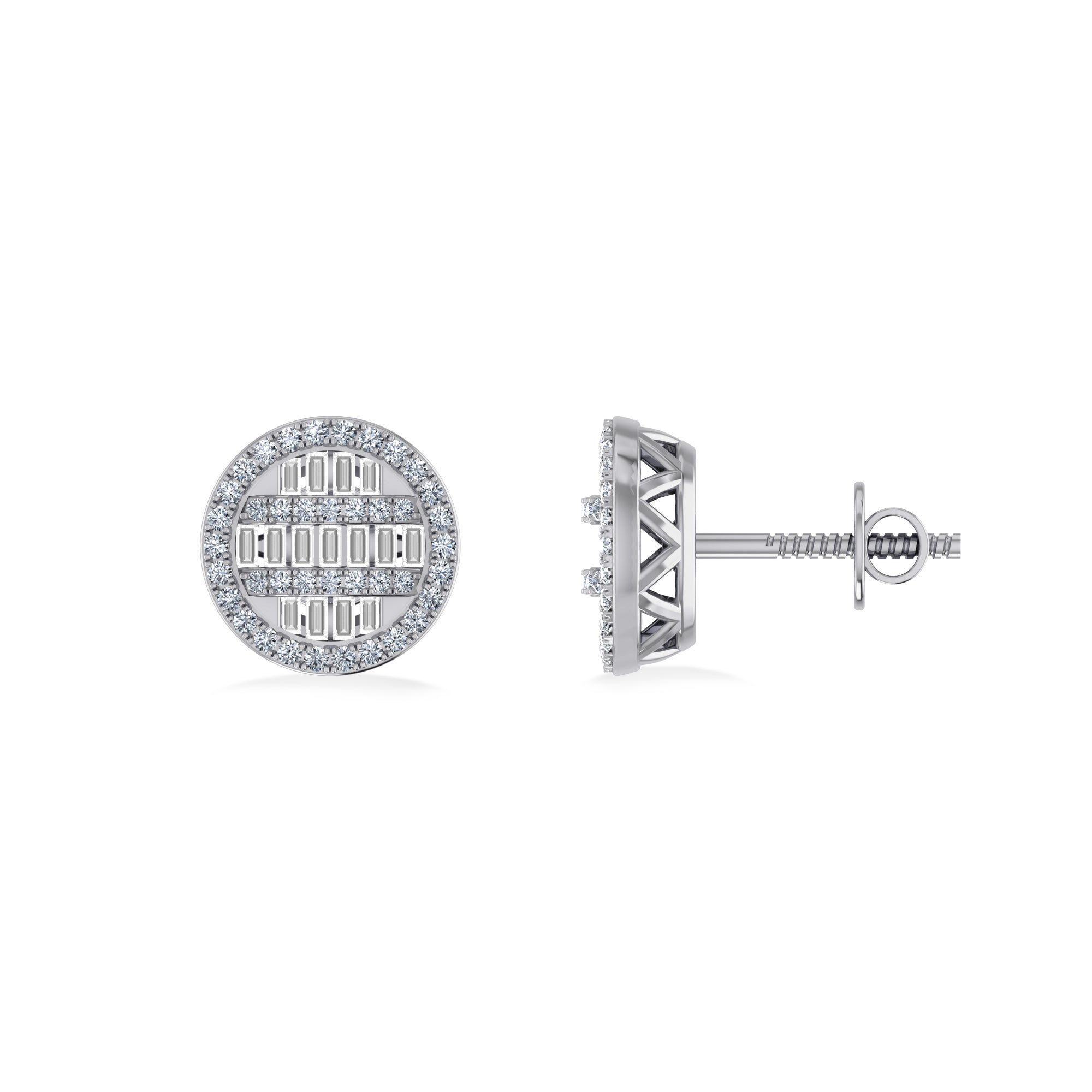10K White Gold Round Baguette Diamond Designer Mens Stud Earring 3/8 Cttw