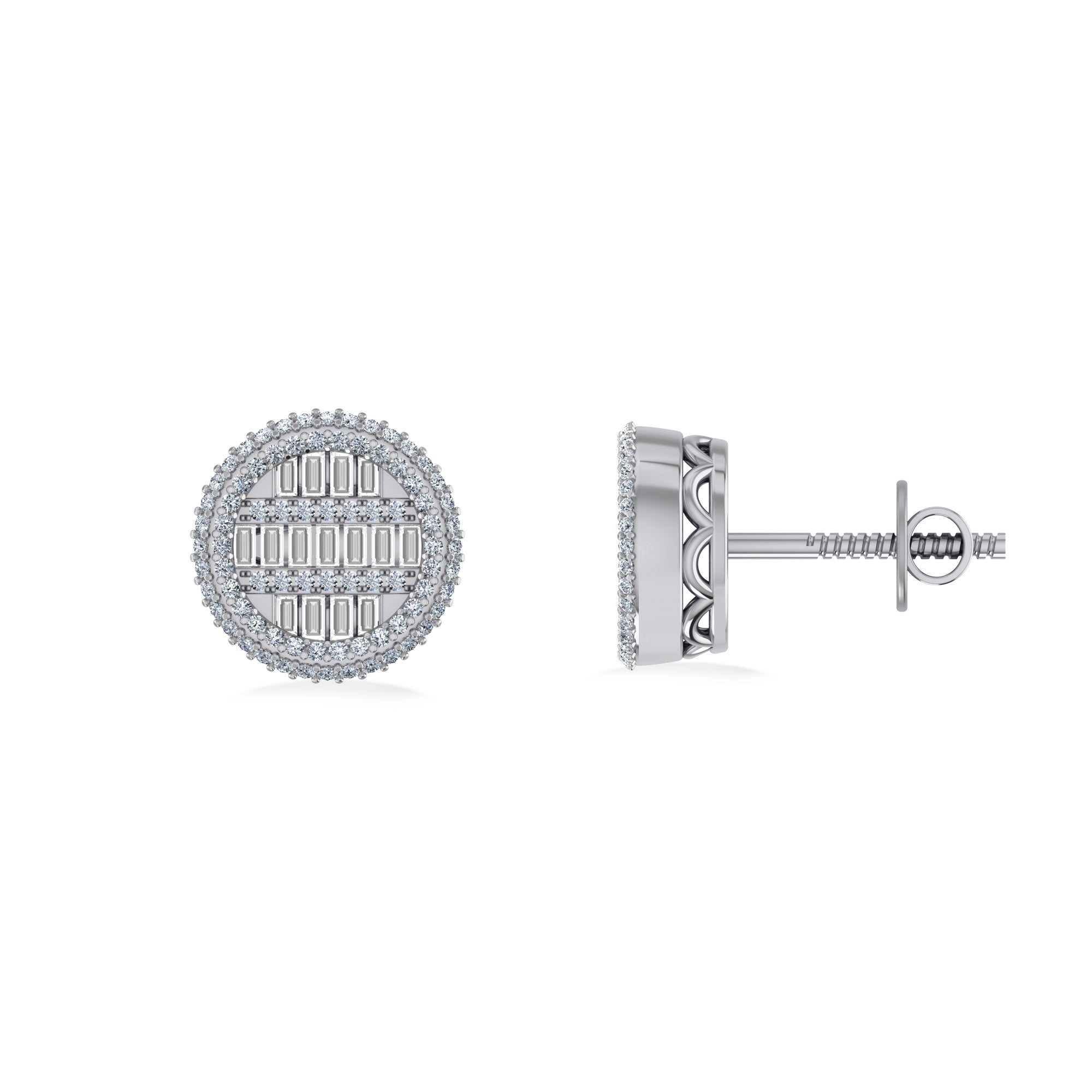 10K White Gold Round Baguette Diamond Designer Mens Stud Earring 1/3 Cttw