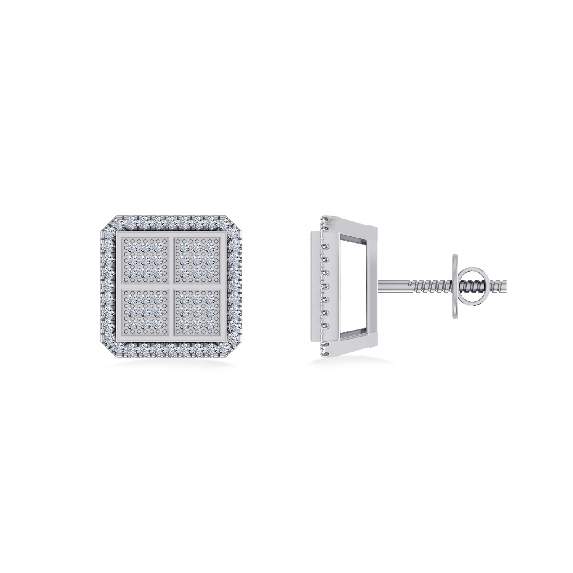 10K White Gold Round Baguette Diamond Square Shape Designer Mens Stud Earring 1/5 Cttw