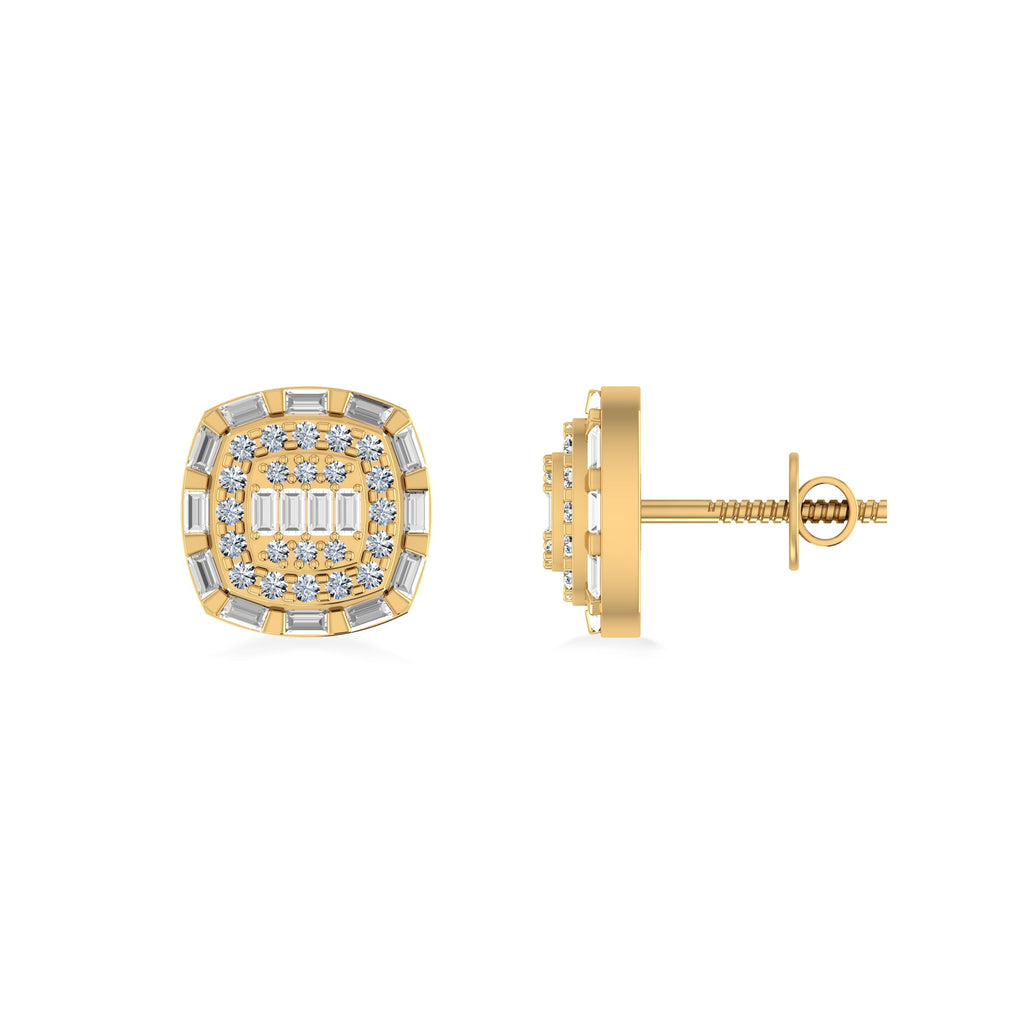 10K Yellow Gold Round Baguette Diamond Square Designer Earring 3/4 Cttw