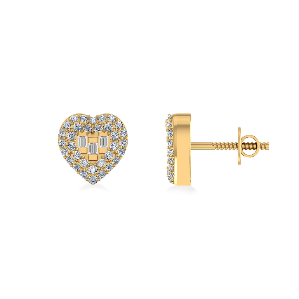 10K Yellow Gold Round Baguette Diamond Heart Designer Earring 1/4 Cttw