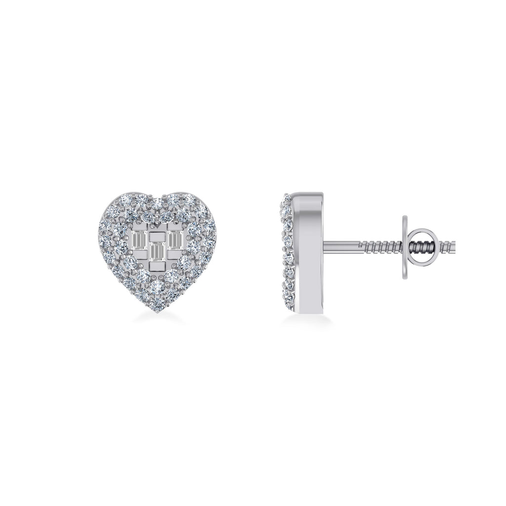 10K White Gold Round Baguette Diamond Heart Designer Earring 1/4 Cttw