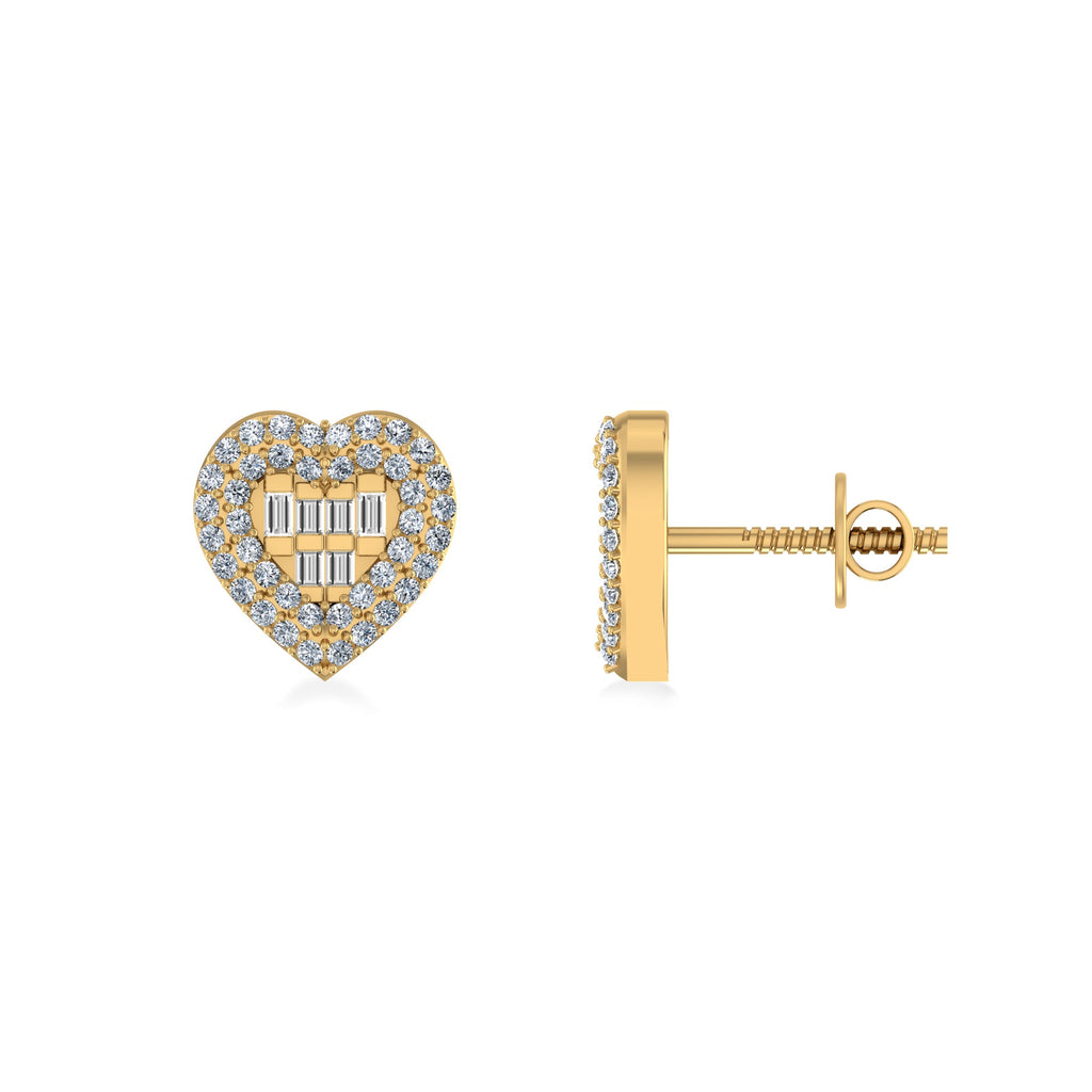 10K Yellow Gold Round Baguette Diamond Halo Heart Designer Earring 1/3 Cttw