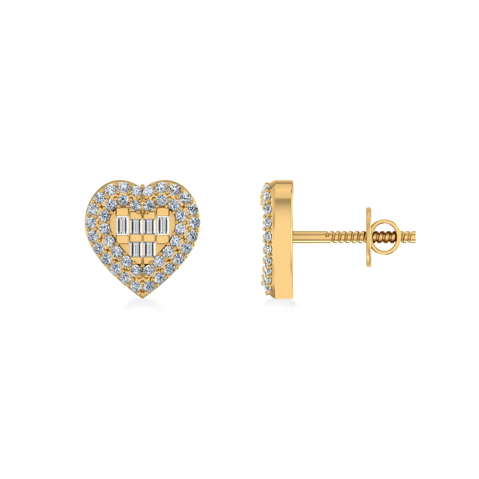 10K Yellow Gold Round Baguette Diamond Halo Heart Designer Earring 1/3 Cttw