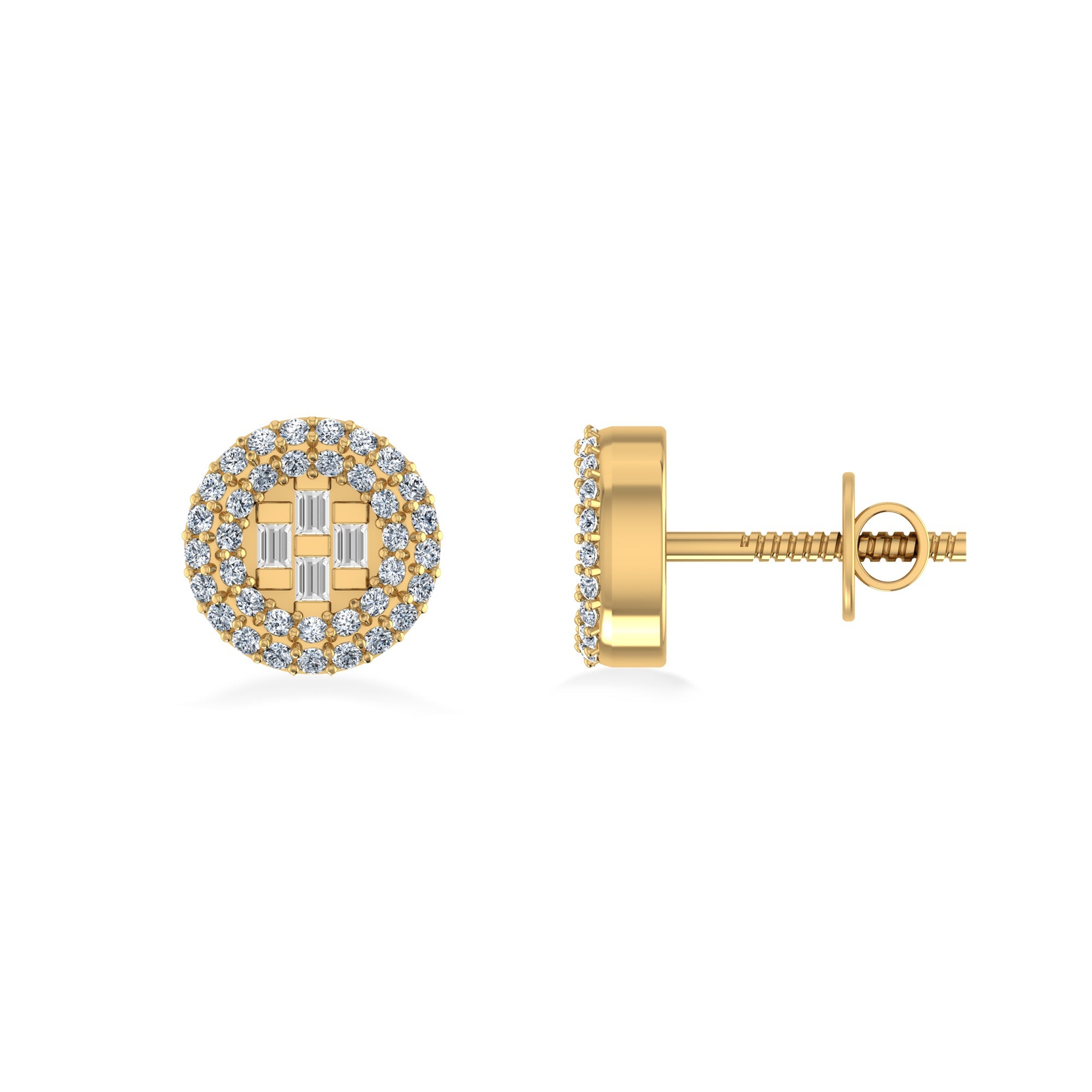 10K Yellow Gold Round Baguette Diamond Halo Designer Earring 1/4 Cttw