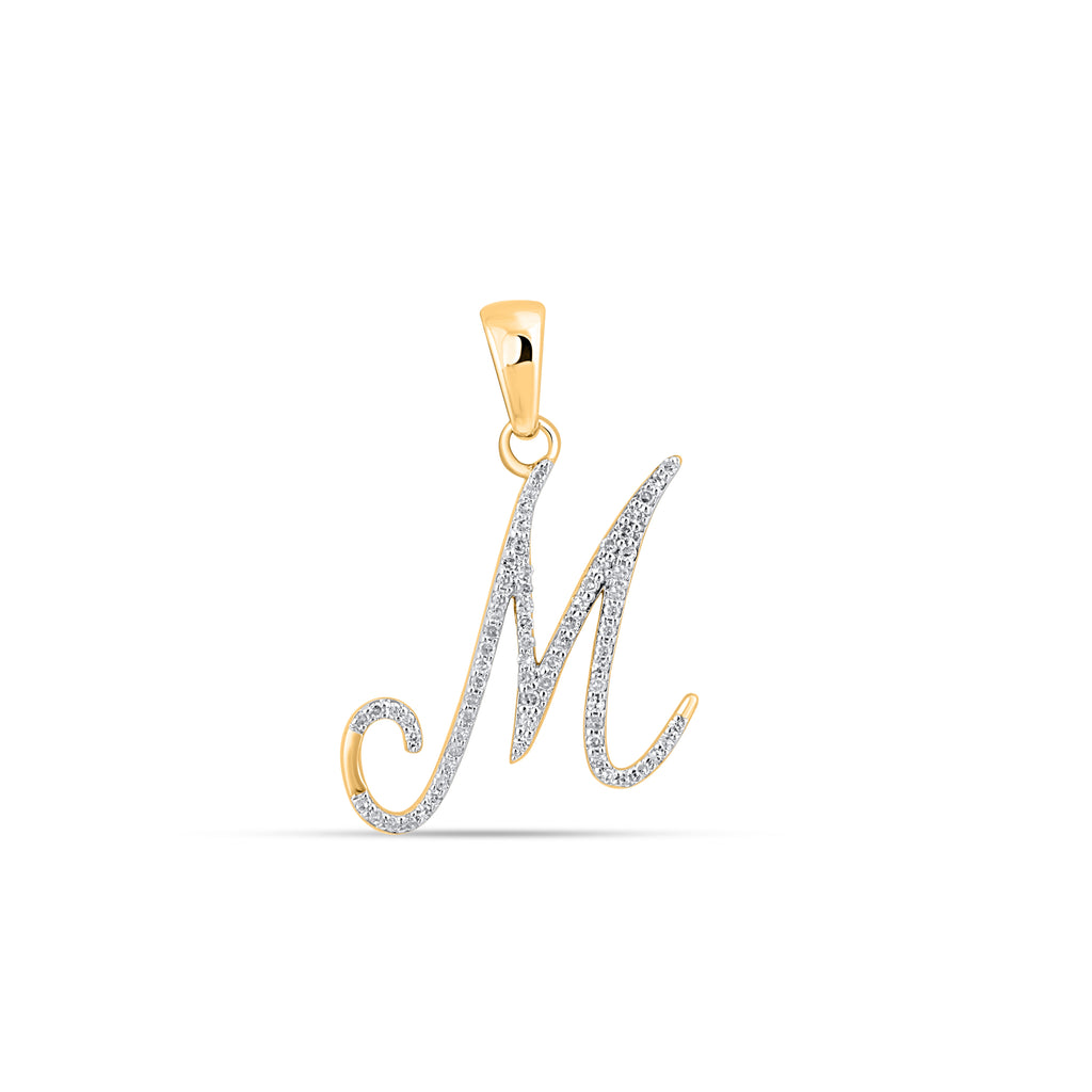10K Yellow Gold Round Diamond M Letter Initial Pendant 1/8 Cttw