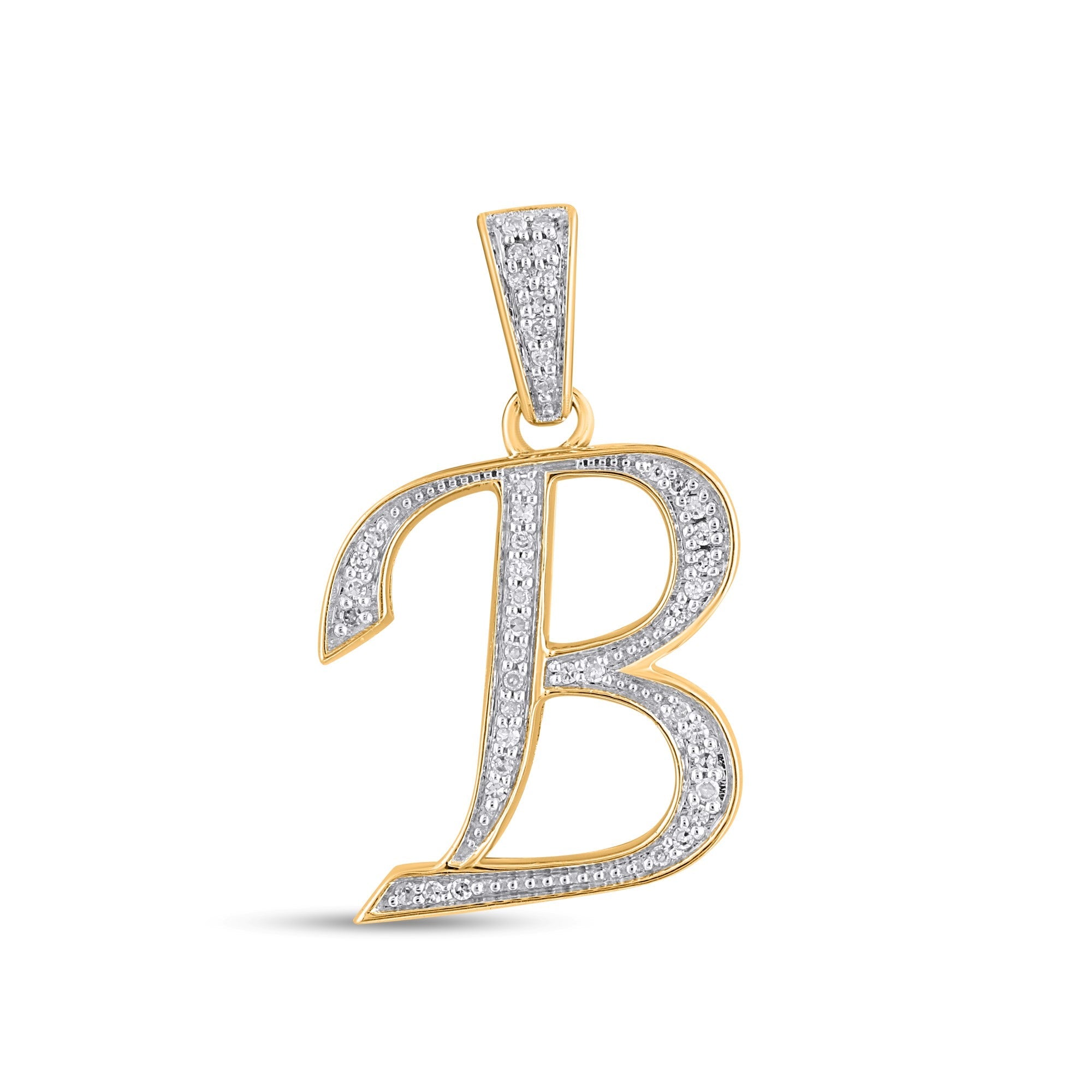 10K Yellow Gold Round Diamond B Letter Initial Pendant 1/10 Cttw