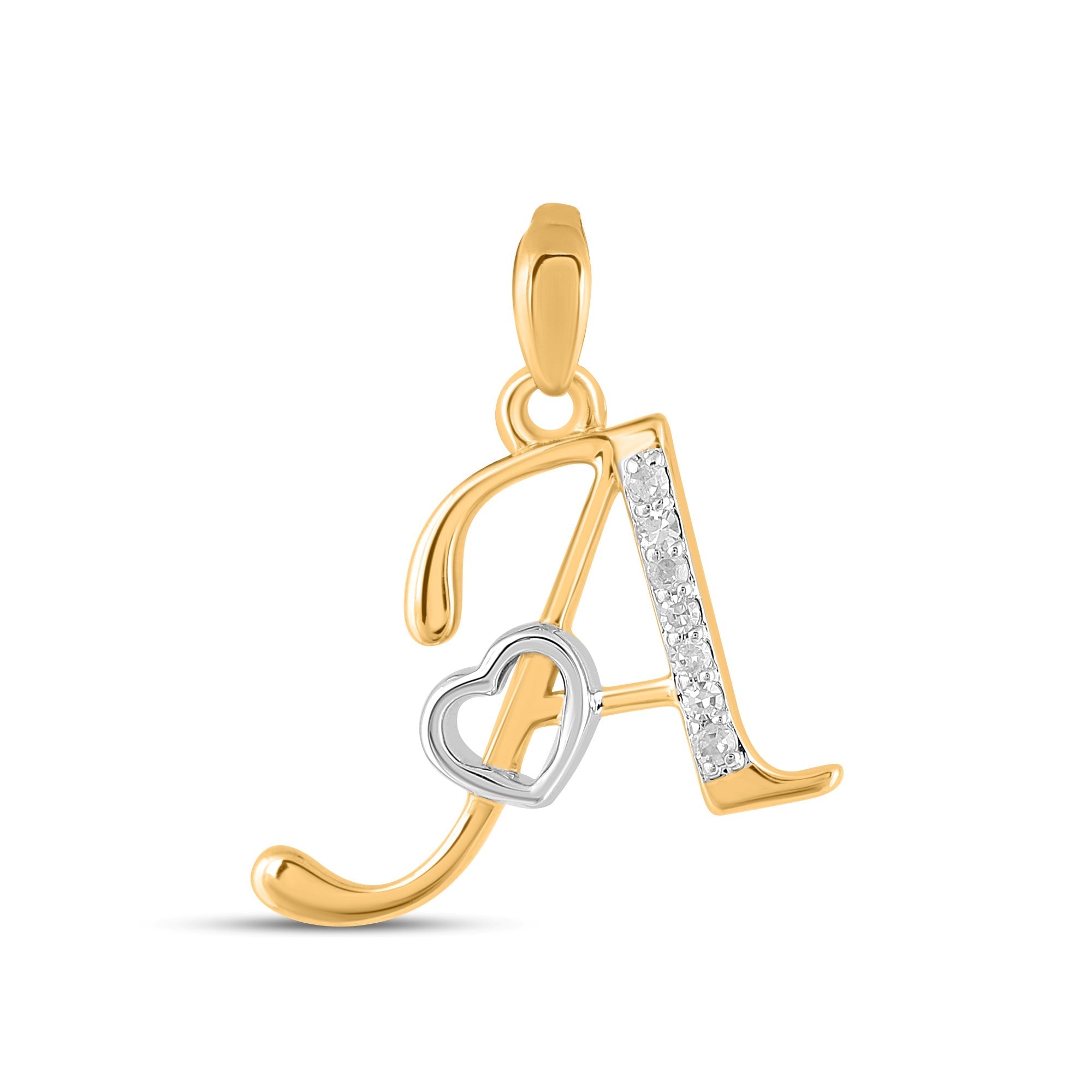 10K Yellow Gold Round Diamond A Letter Initial With Heart Pendant 1/10 Cttw