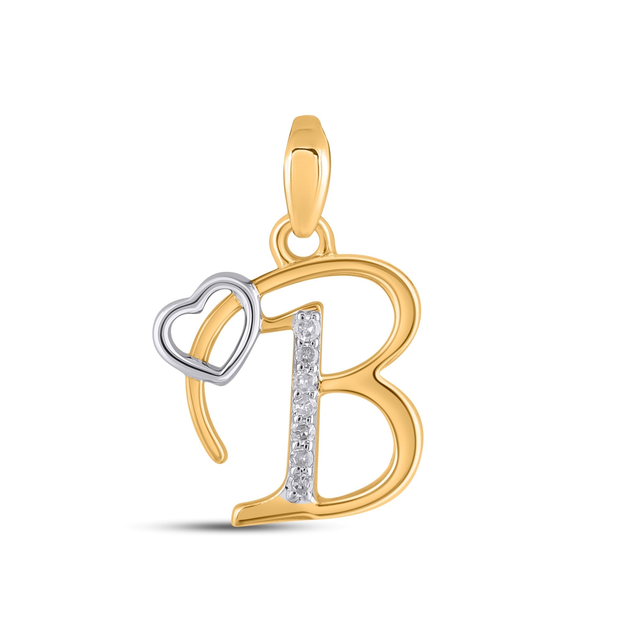 10K Yellow Gold Round Diamond B Letter Initial With Heart Pendant 1/10 Cttw