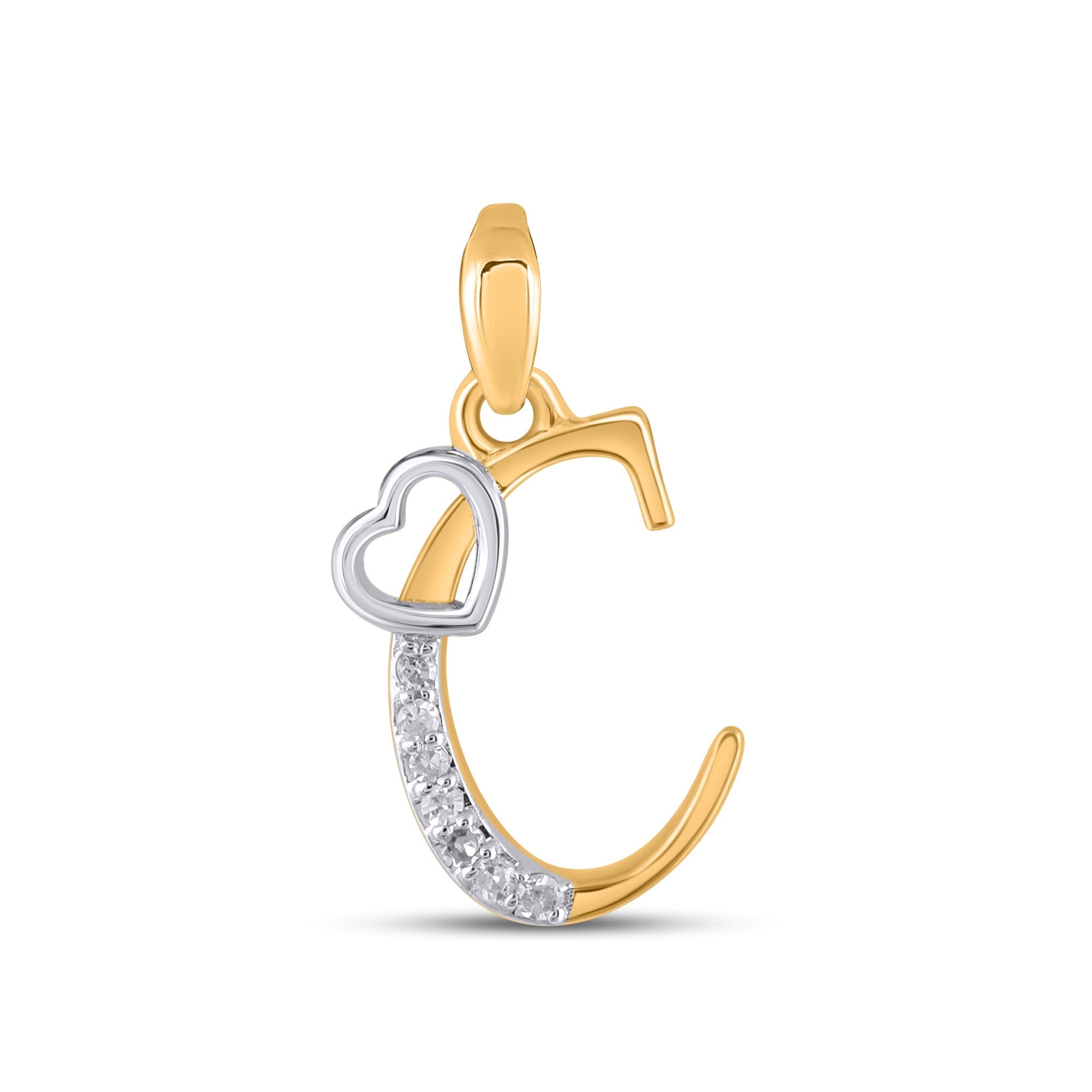 10K Yellow Gold Round Diamond C Letter Initial With Heart Pendant 1/10 Cttw