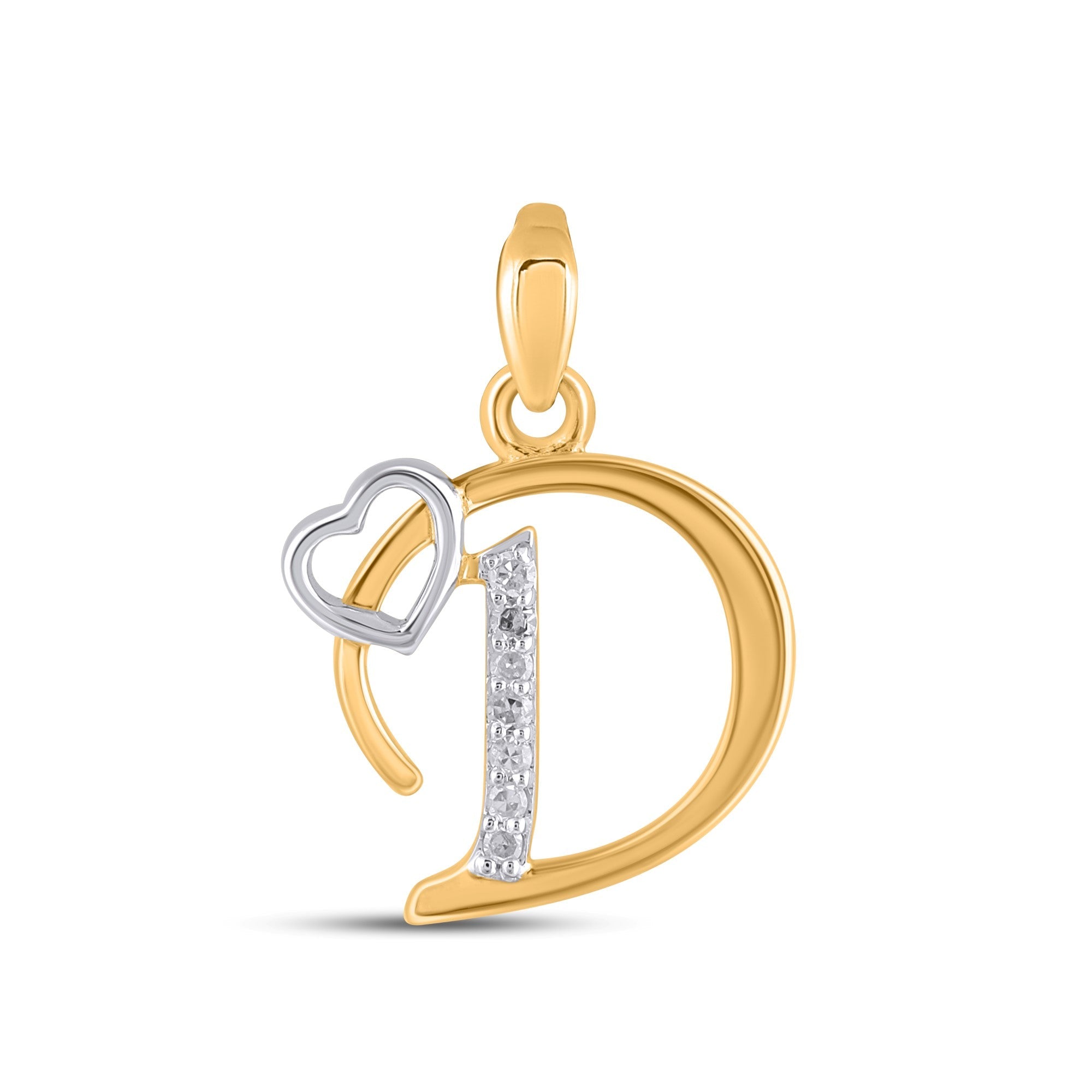10K Yellow Gold Round Diamond D Letter Initial With Heart Pendant 1/10 Cttw