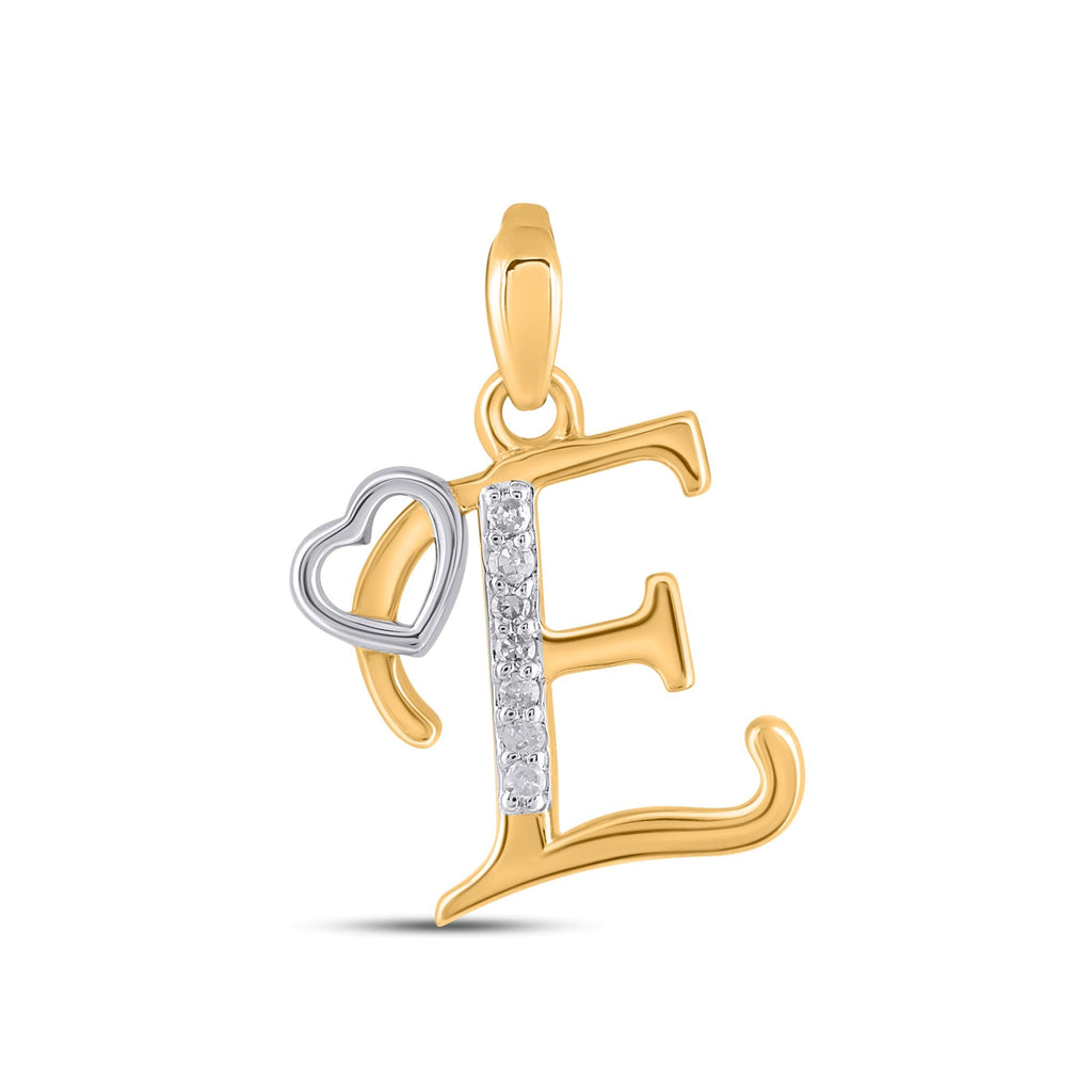 10K Yellow Gold Round Diamond E Letter Initial With Heart Pendant 1/10 Cttw
