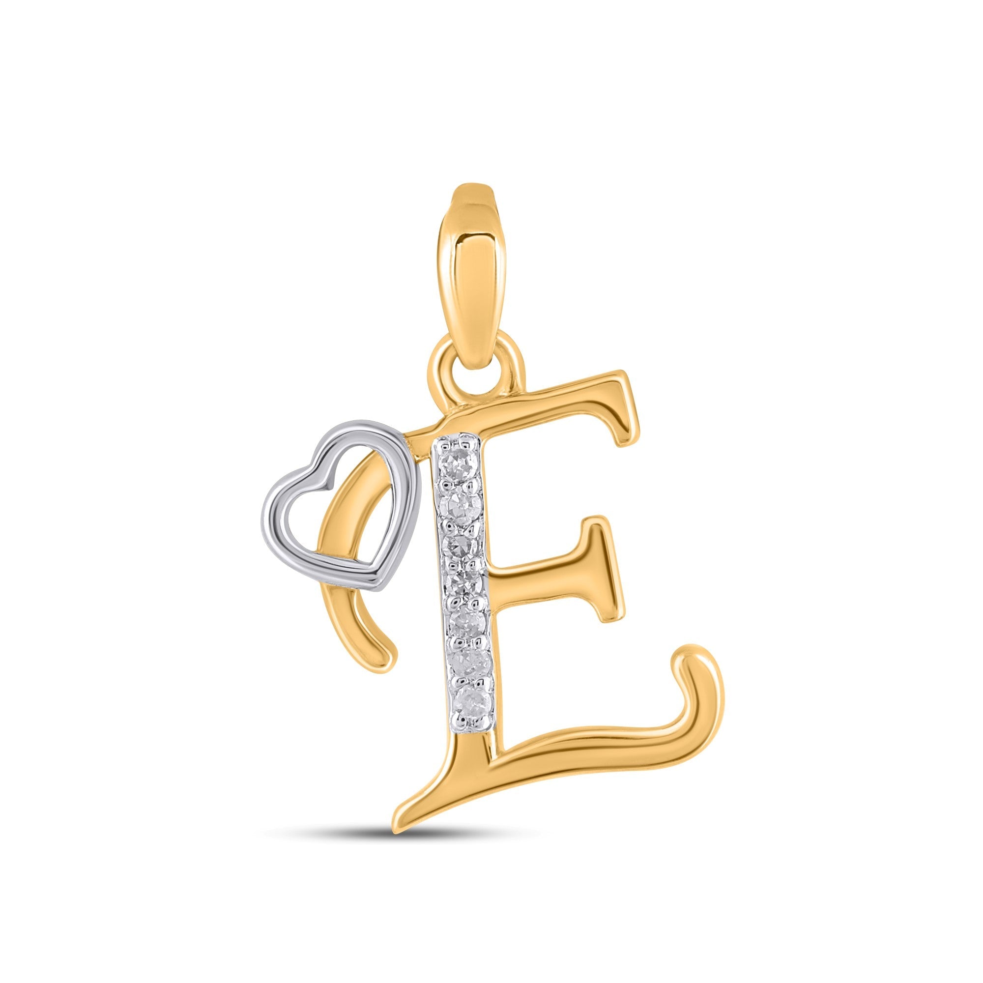 10K Yellow Gold Round Diamond E Letter Initial With Heart Pendant 1/10 Cttw