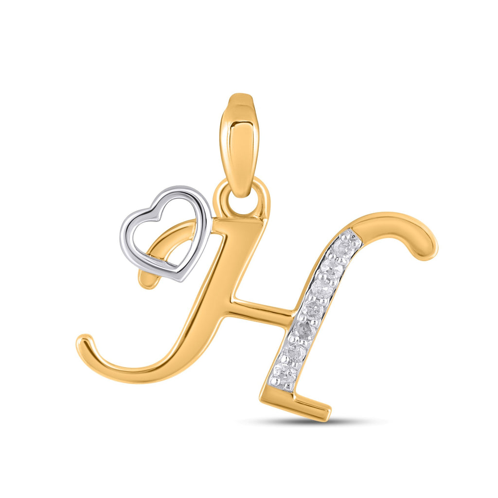 10K Yellow Gold Round Diamond H Letter Initial With Heart Pendant 1/10 Cttw
