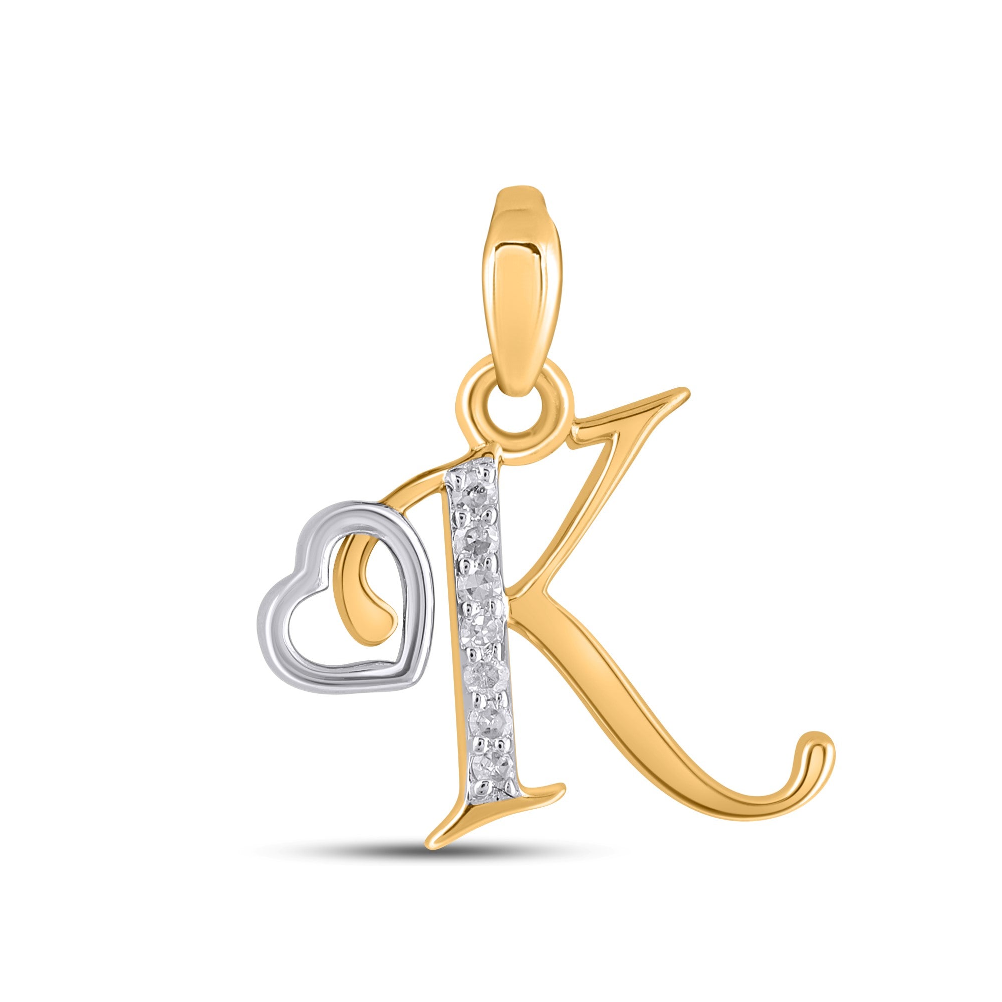 10K Yellow Gold Round Diamond K Letter Initial With Heart Pendant 1/10 Cttw