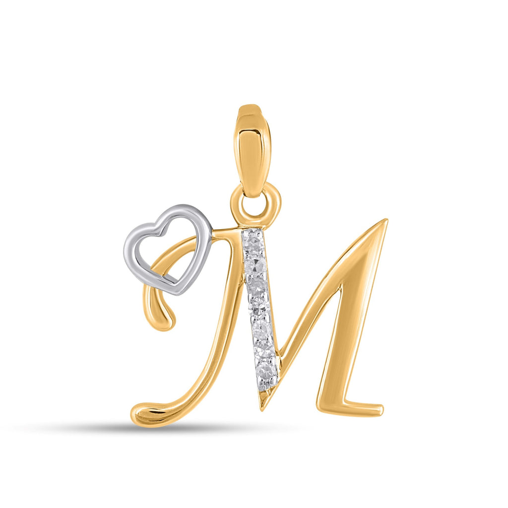 10K Yellow Gold Round Diamond M Letter Initial With Heart Pendant 1/10 Cttw