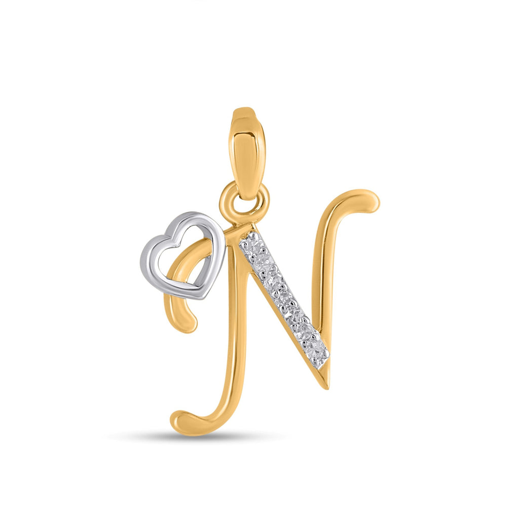 10K Yellow Gold Round Diamond N Letter Initial With Heart Pendant 1/10 Cttw