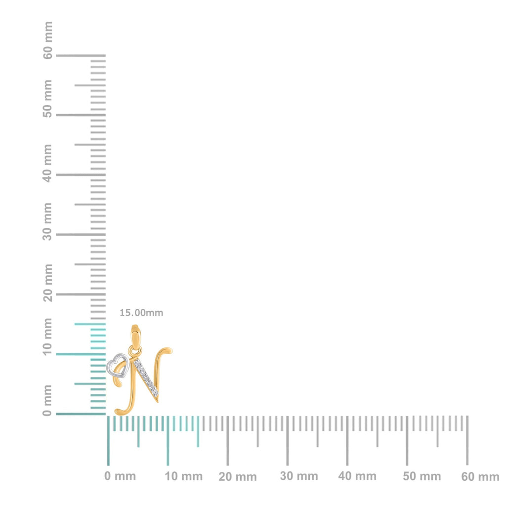 10K Yellow Gold Round Diamond N Letter Initial With Heart Pendant 1/10 Cttw