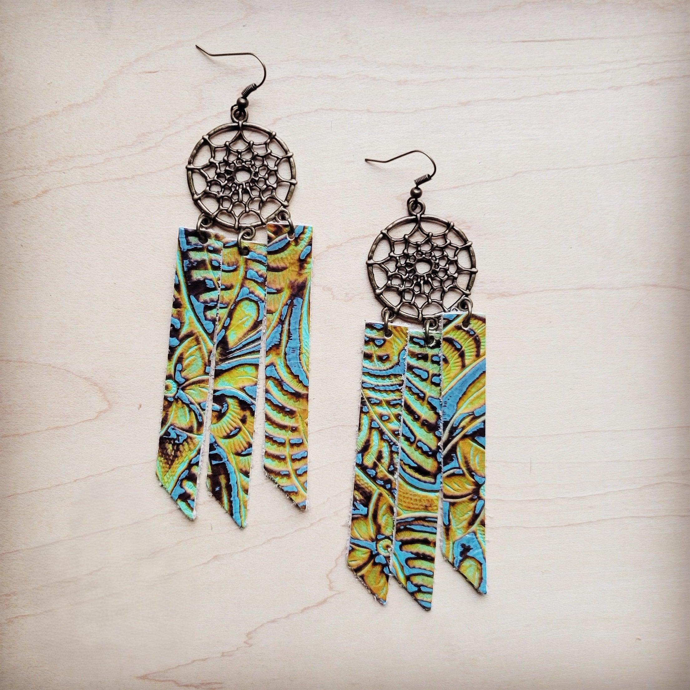 **Dream Catcher Earrings w/ Leather Fringe Dallas Turquoise 200ad