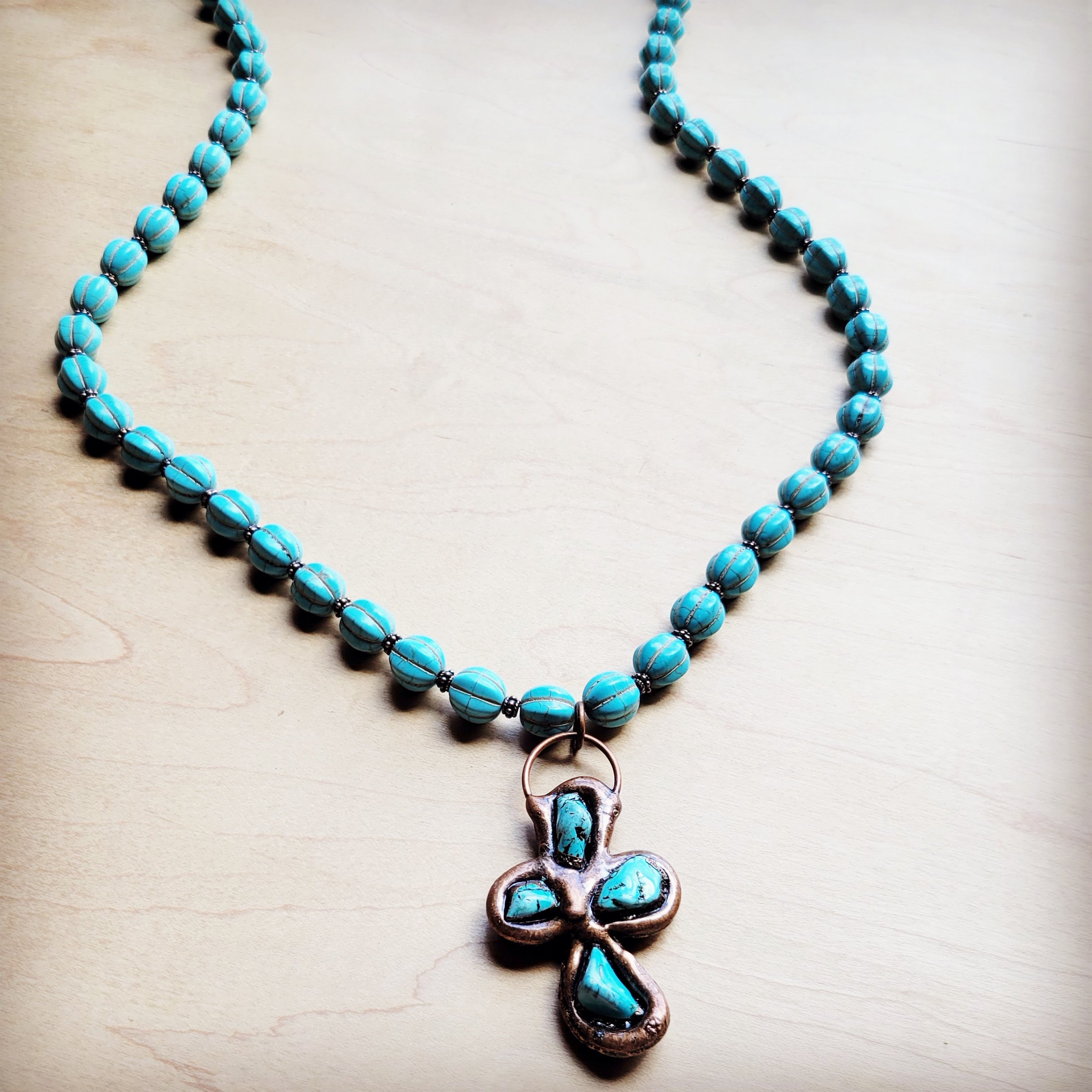 **Blue Turquoise Melon Beaded Necklace w/ Copper Cross 260g