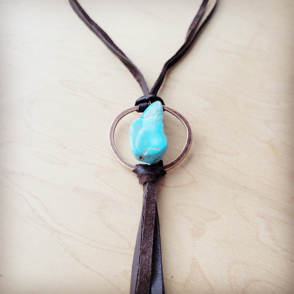 **Brown Boho Leather Necklace w/ Large Turquoise Chunky Pendant 261m