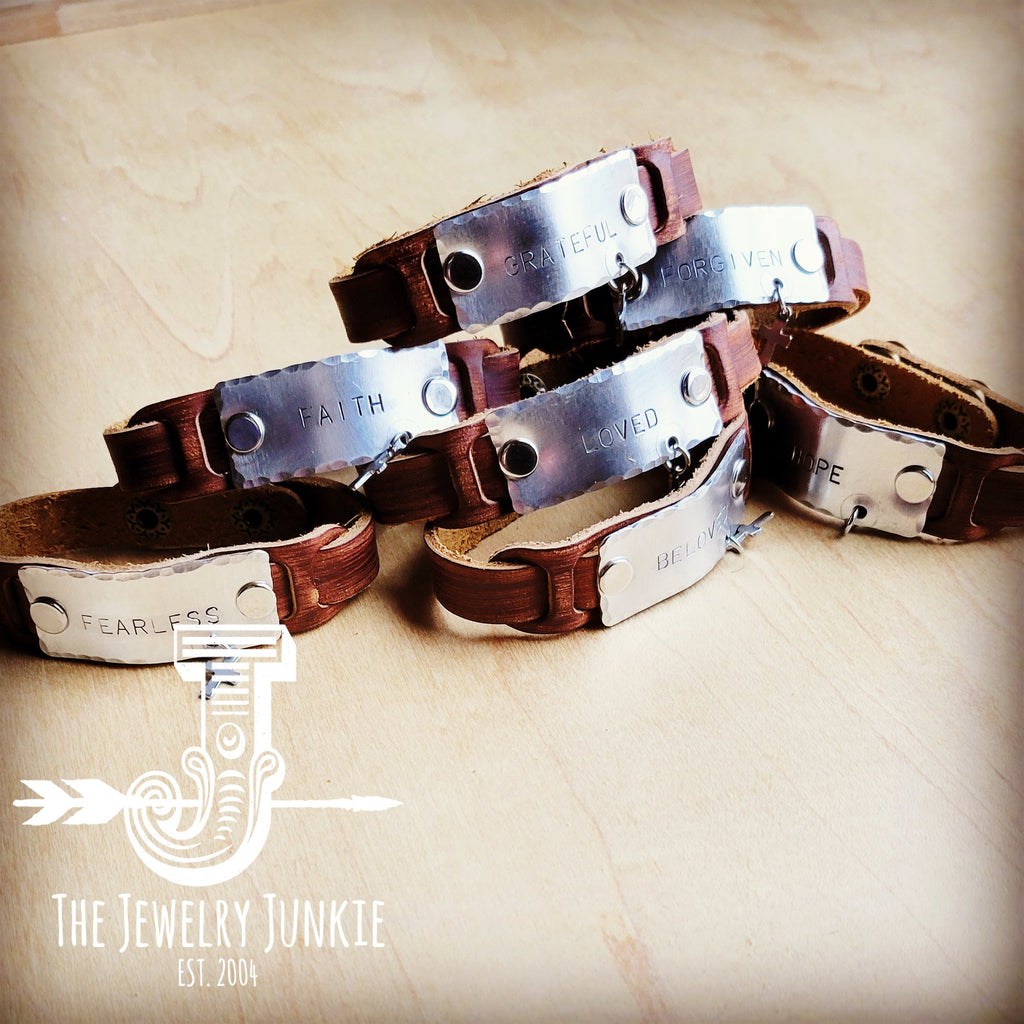 **Hand Stamped Genuine Leather Cuff Bracelet 013r