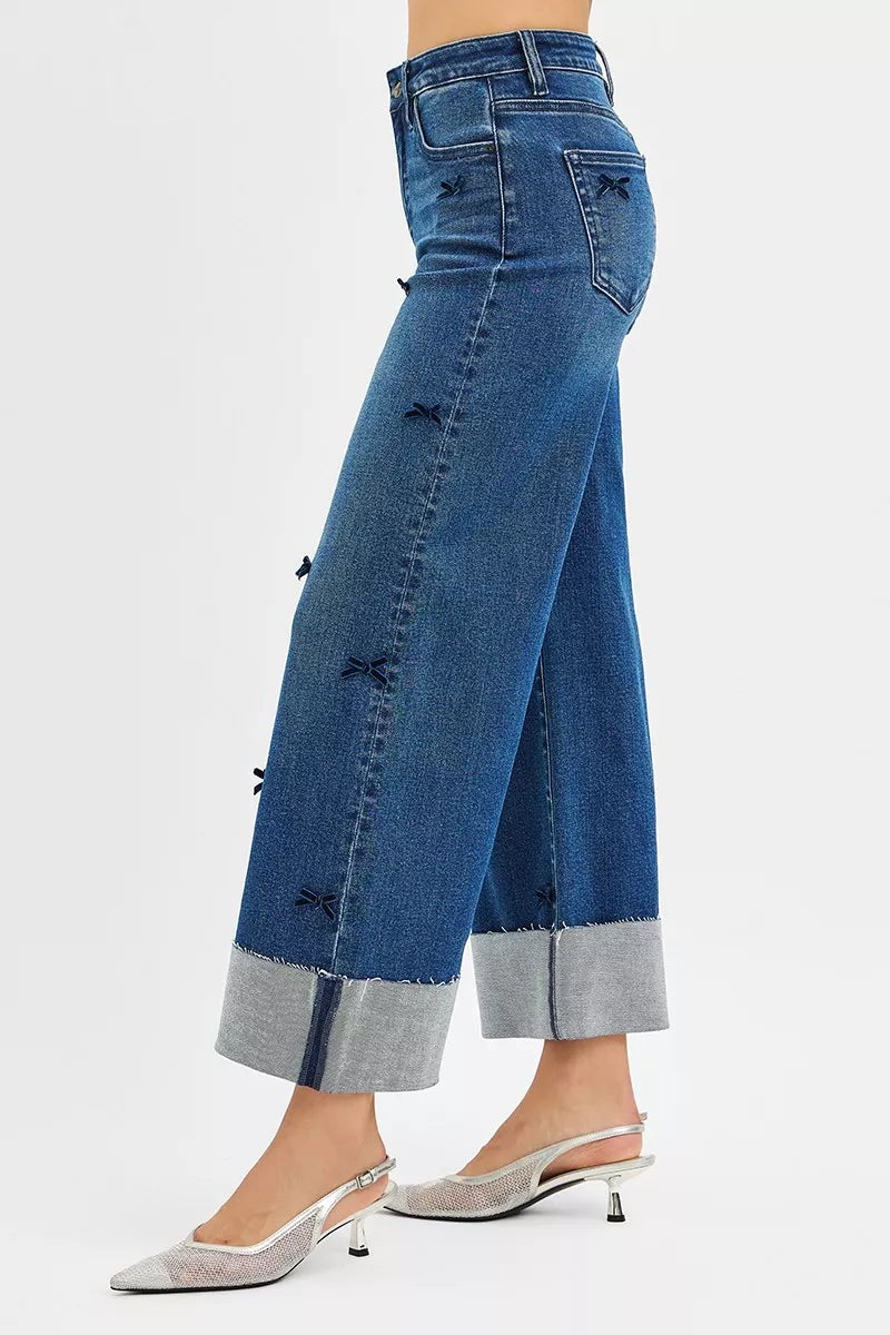 Risen High Rise Crop Wide Leg Ribbon Detail Jeans Denim