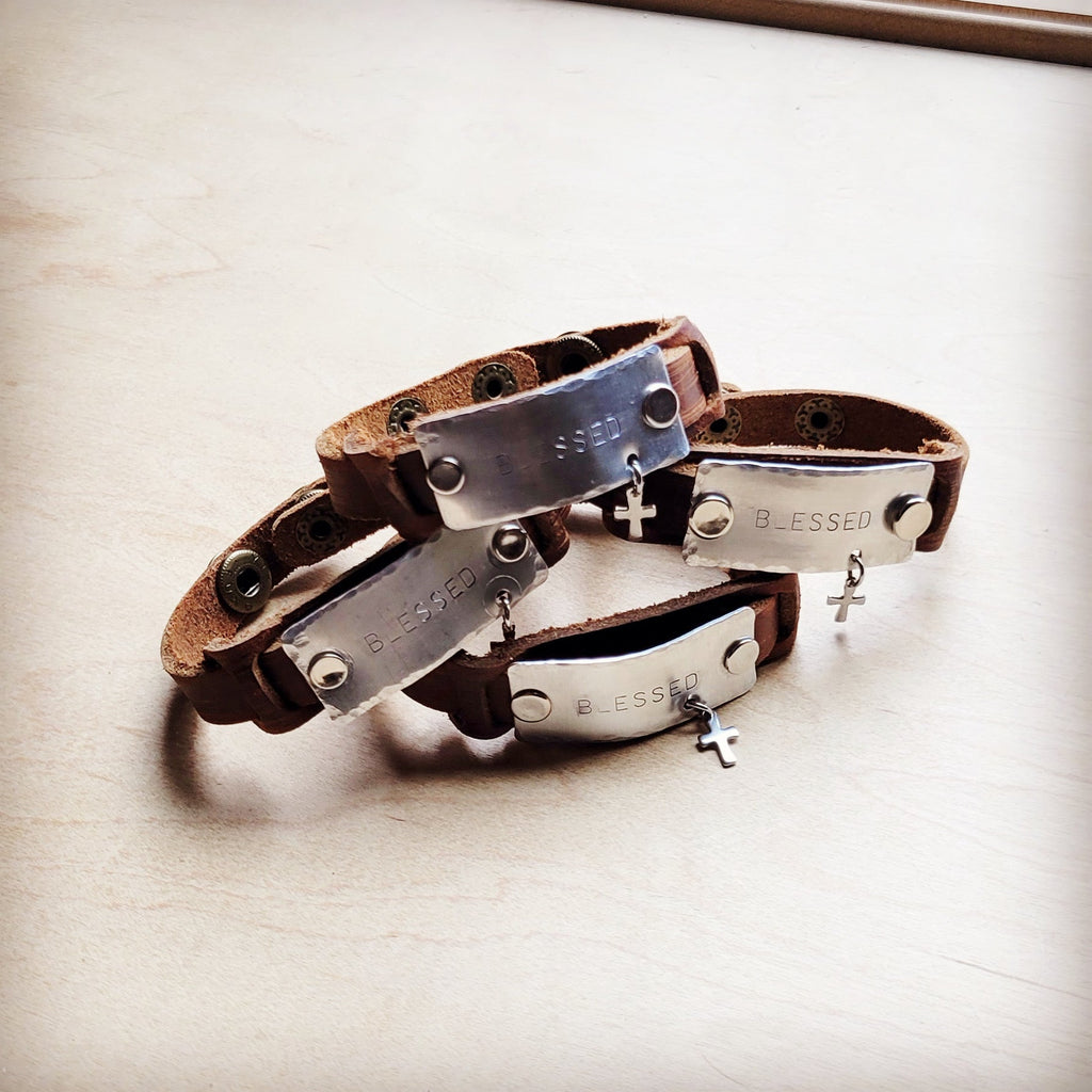 **Blessed Hand Stamped Genuine Leather Cuff 003b