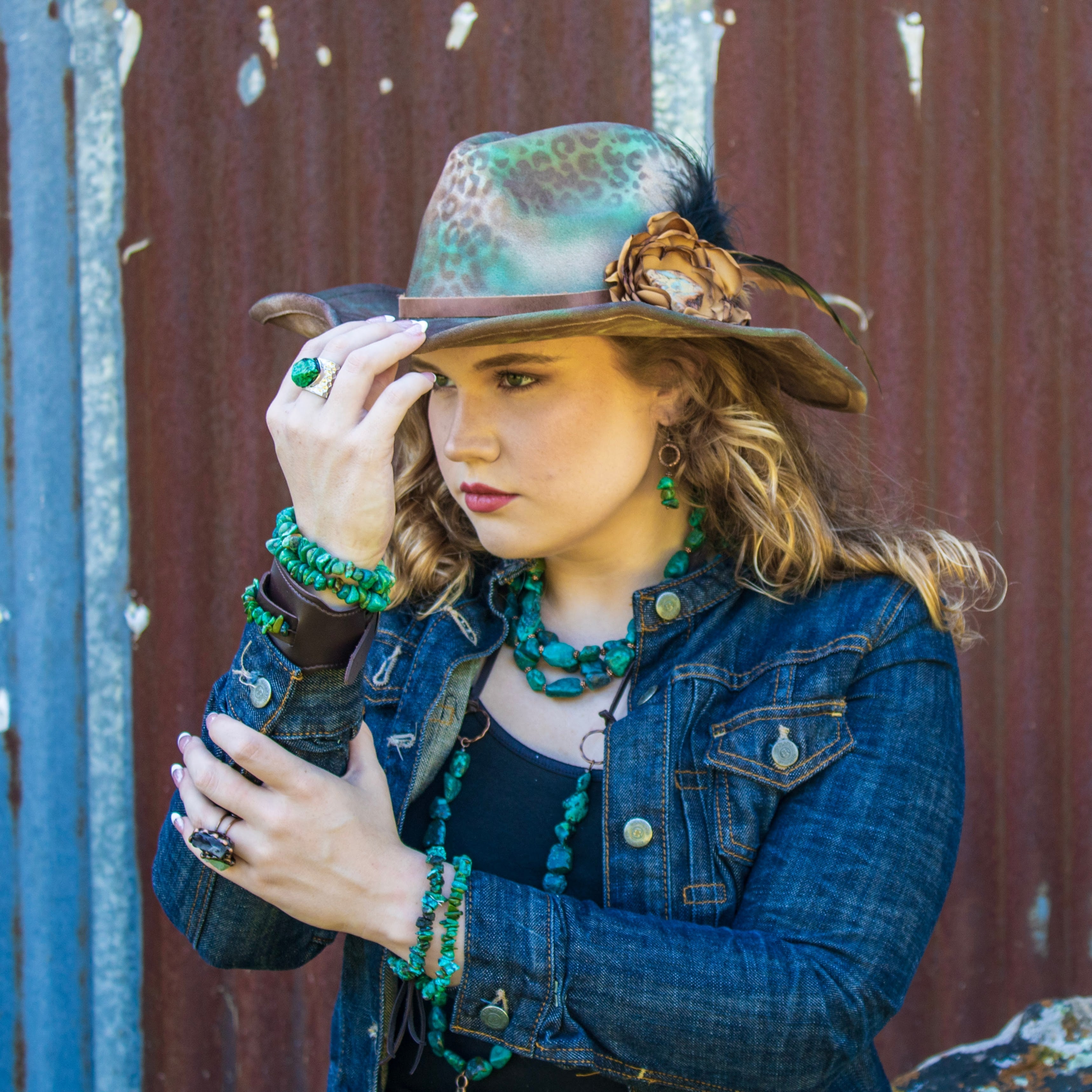 **Wide Dark Leather Cuff with Natural Turquoise Chunks 011y