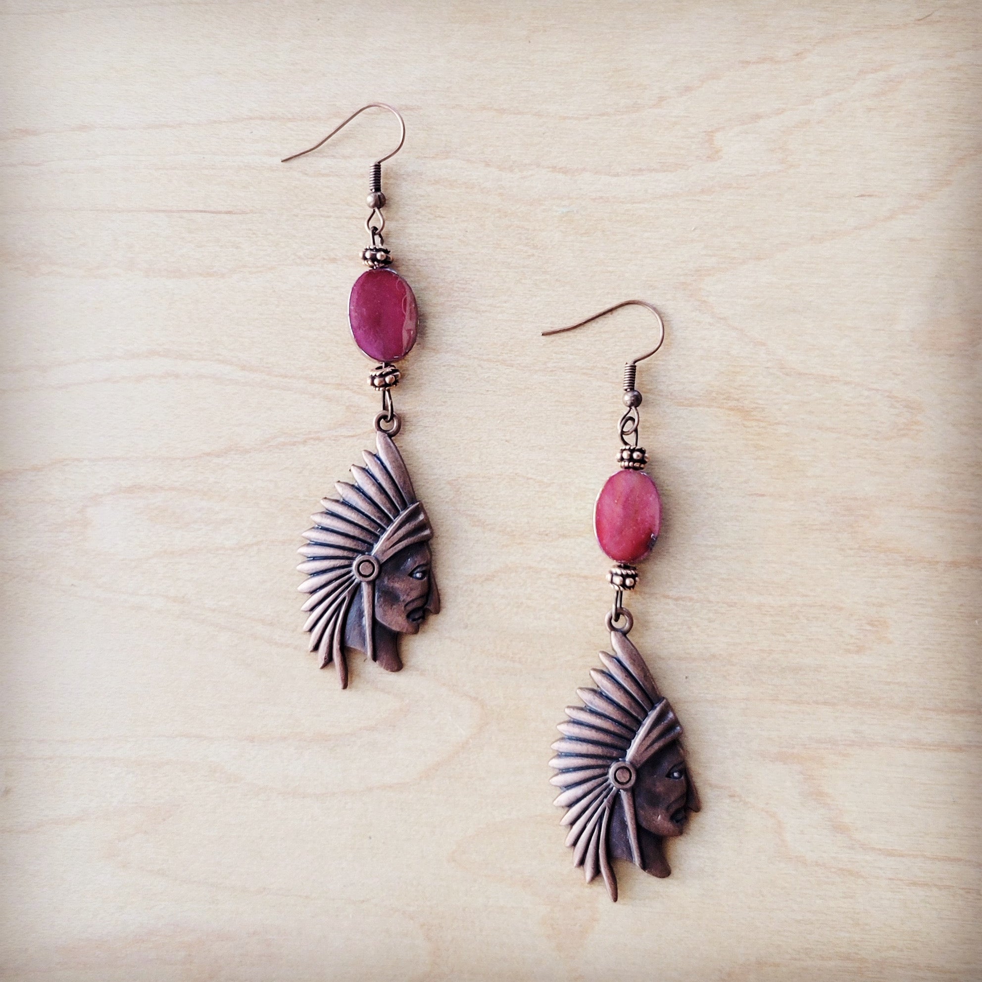 **Natural Pink Jade Earrings w/ Copper Indian Accent 225t