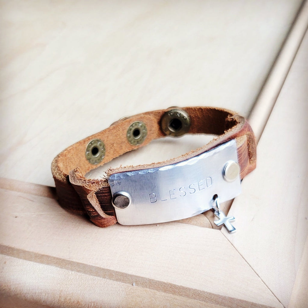 **Blessed Hand Stamped Genuine Leather Cuff 003b