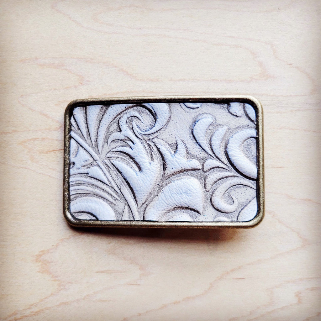 **Rectangle Sandy White Floral Leather Belt Buckle 906ff