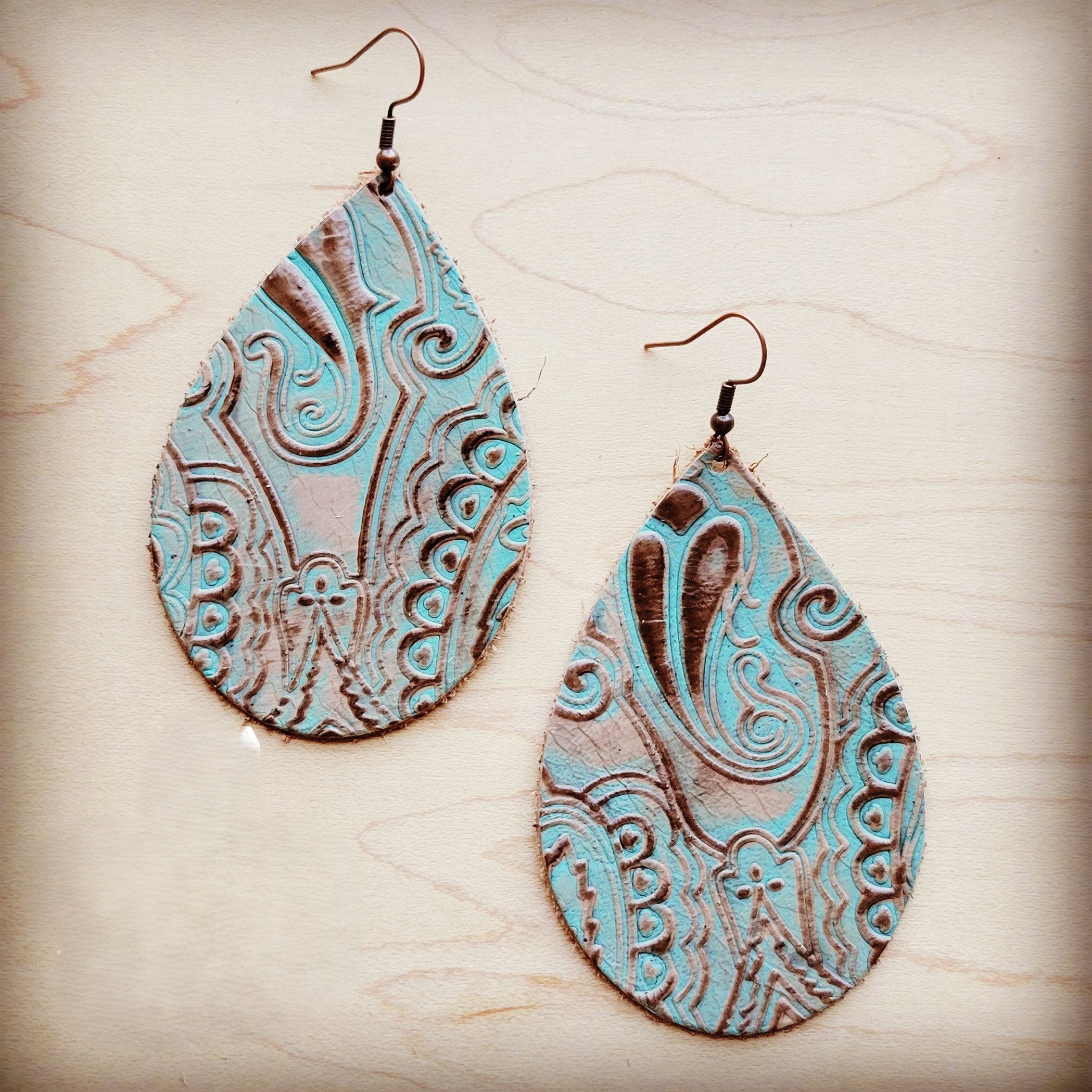**Leather Teardrop Earring-Napolis Turquoise and Brown 210k