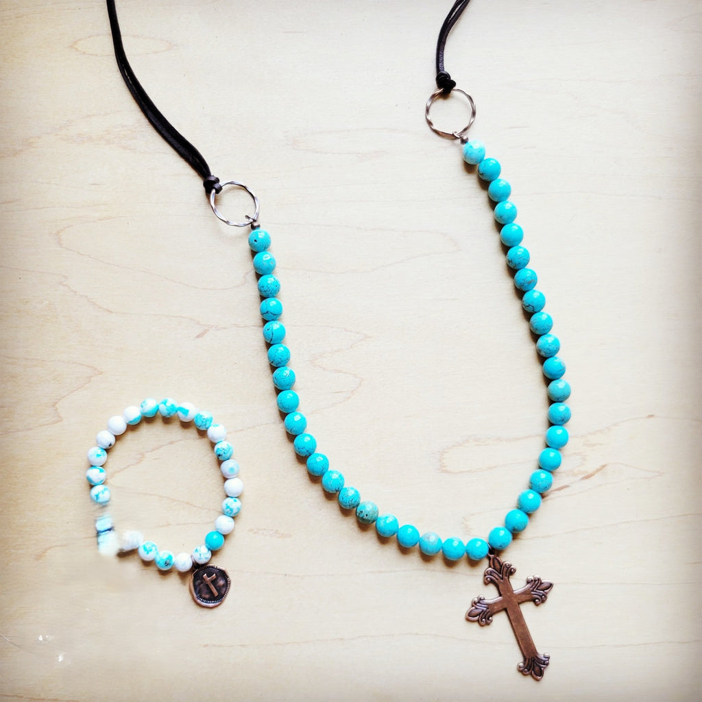 **Frosted Magnesite Beaded Necklace w/ Copper Cross 258i