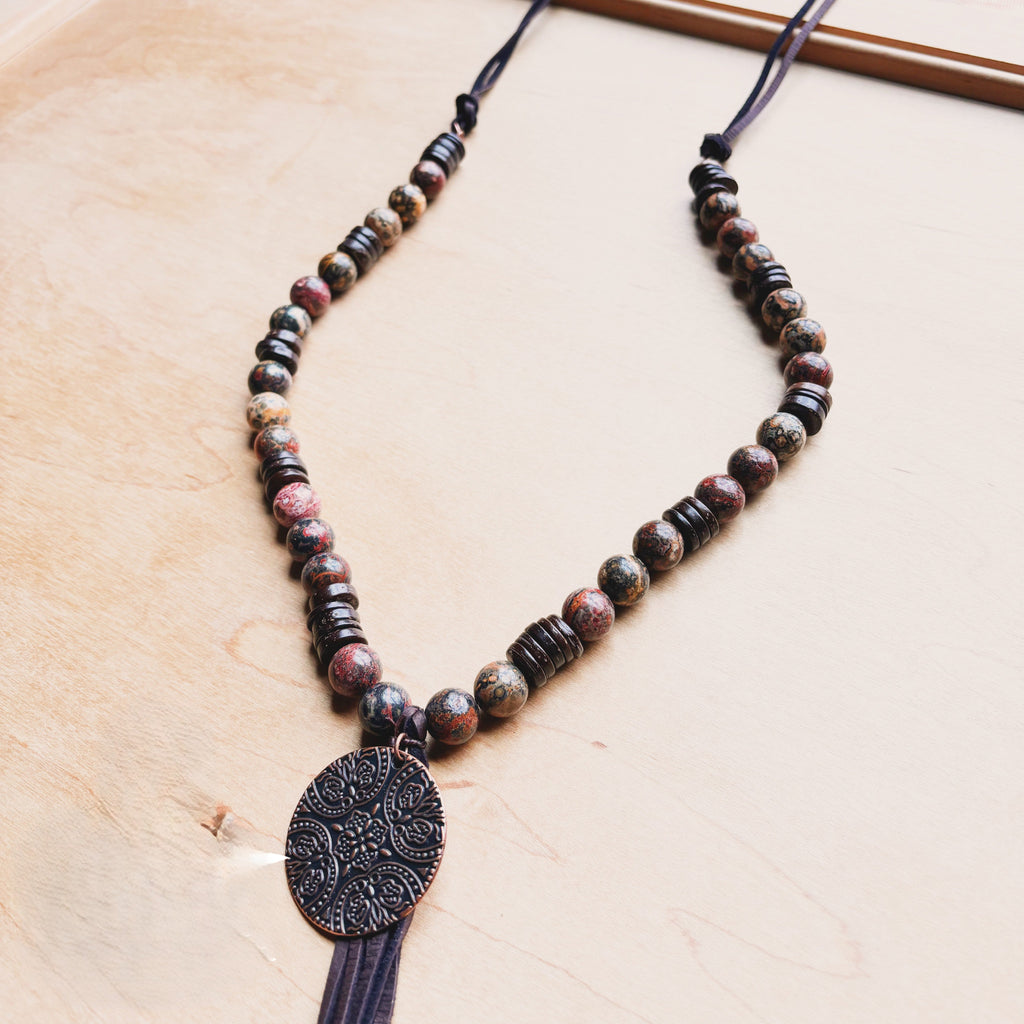 **Leopard Jasper Necklace w/ Wood Beads & Copper Medallion 258c