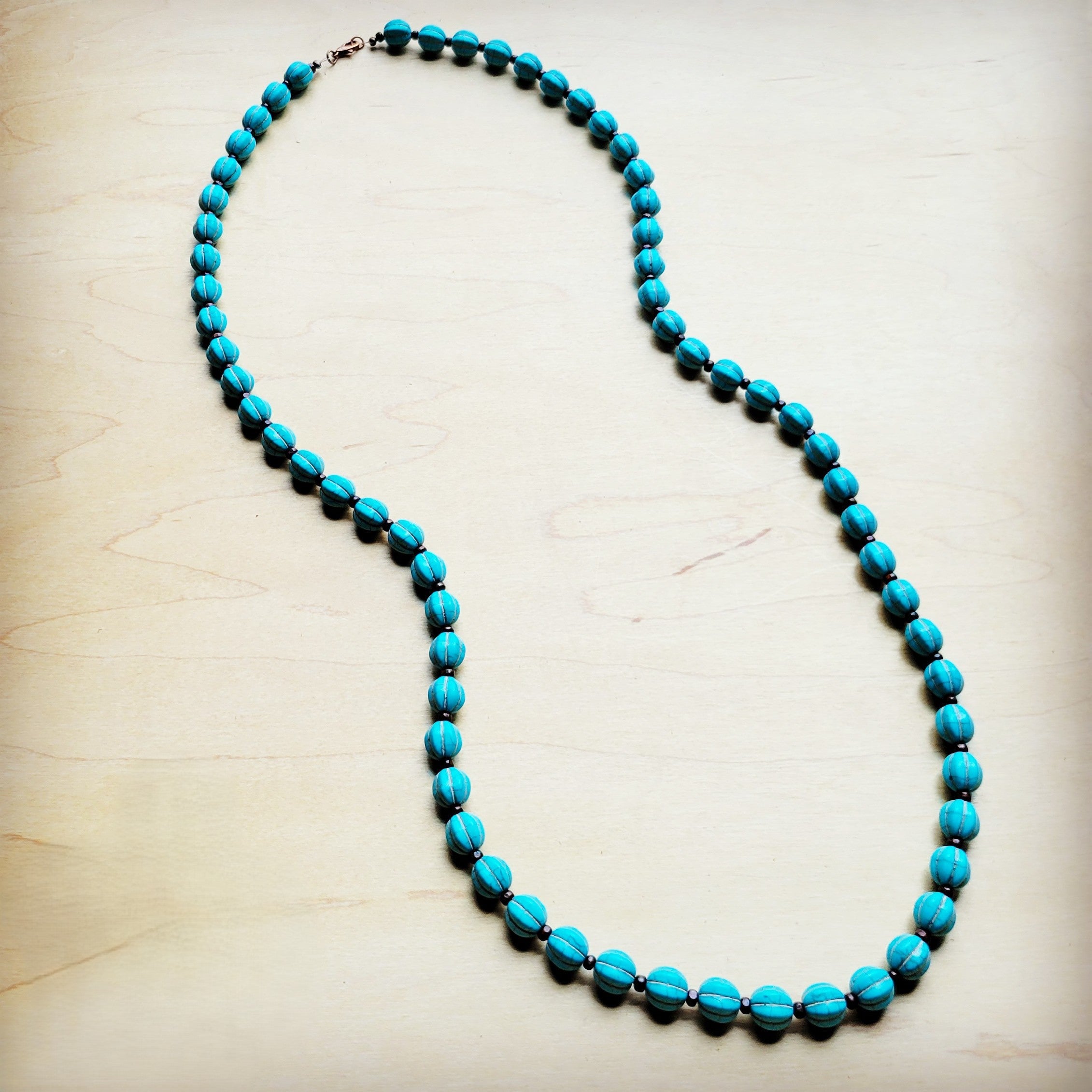 **Blue Turquoise & Wood Melon Beaded Necklace 258q