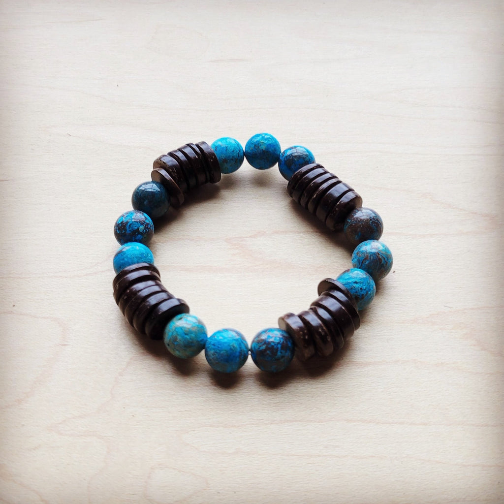 **Ocean Agate and Wood Stretch Bracelet 810j