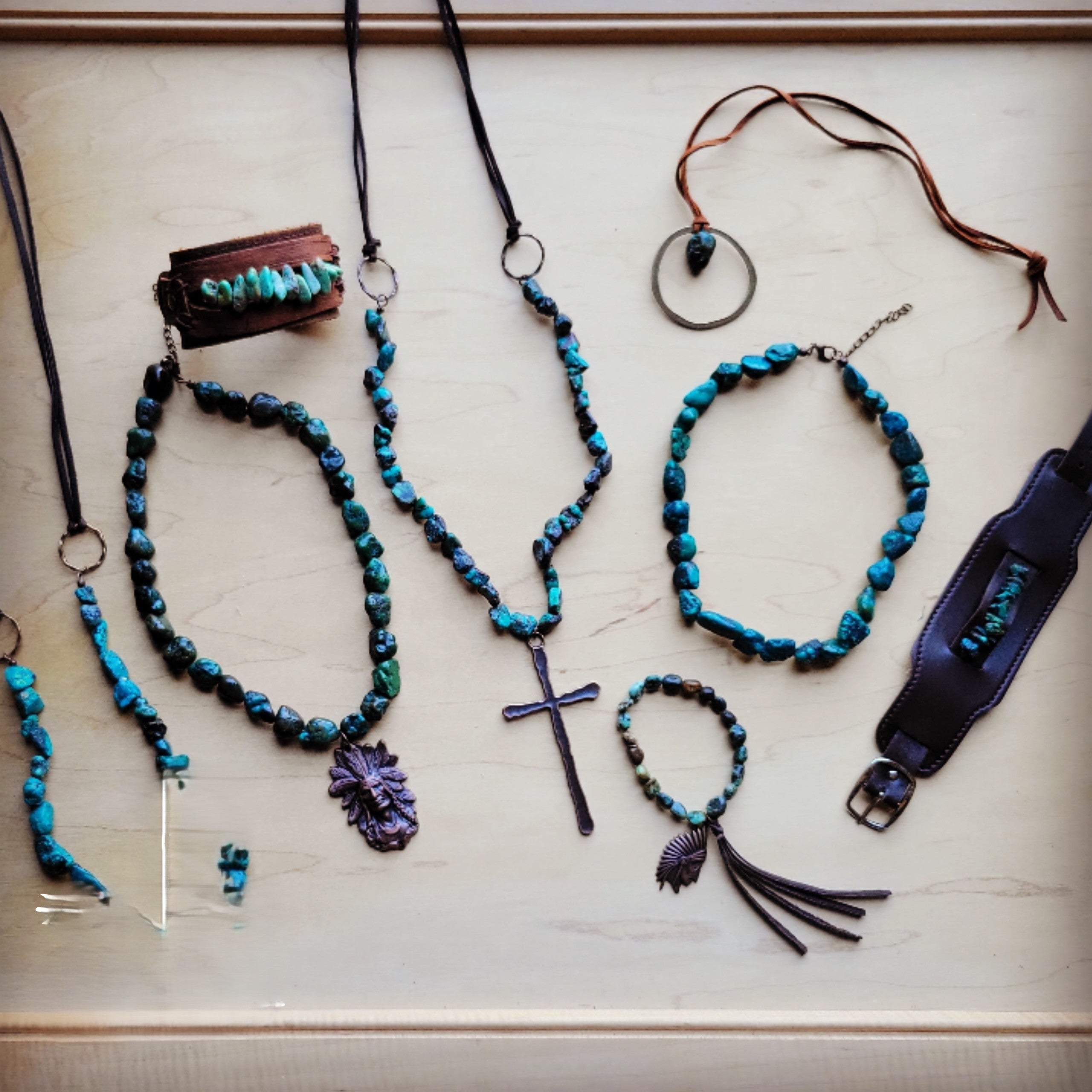 **Wide Dark Leather Cuff with Natural Turquoise Chunks 011y