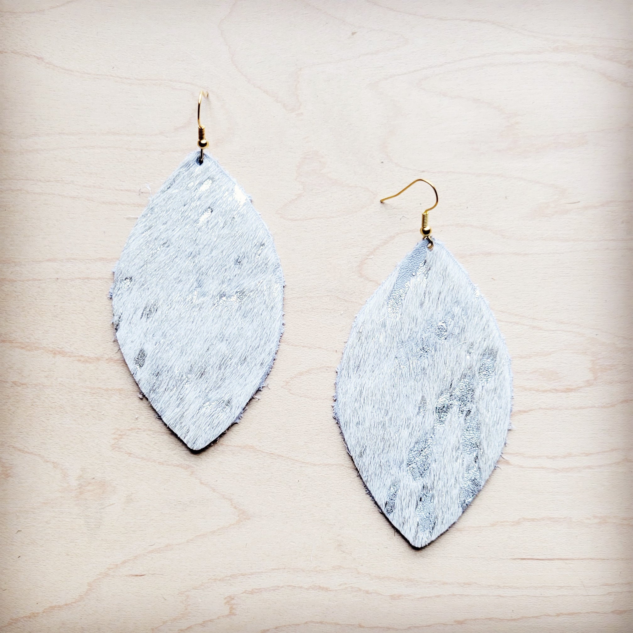 **Leather Oval Earring-Silver Metallic Hair on Hide 225h